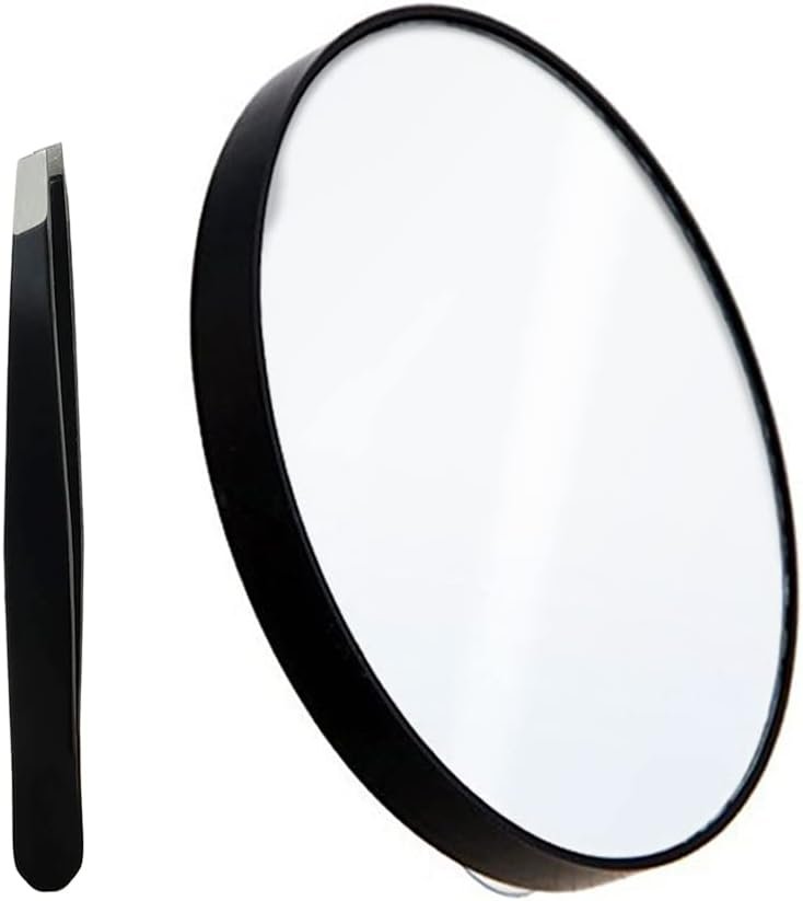 10X Magnifying Makeup Mirror with 1 Tweezers Portable Round Mirror 2 Suction Cups Travel Set for Eyebrow Tweezing Blackhead Blemish Removal Bathroom Magnified Cosmetic Mirror (Diameter 4.3 inches)