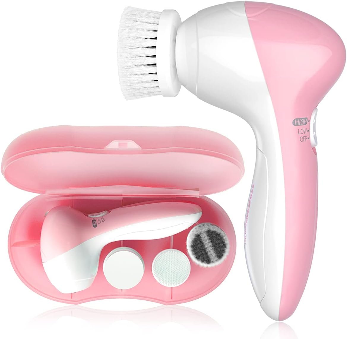 Electric Facial Cleansing Brush for Women, 3-in-1 Face Cleanser and Exfoliator Brush with 3 Brush Heads, 2 Speeds, Waterproof Spin Brush, Travel Size Case, Perfect for Valentine’s Day (Pink)
