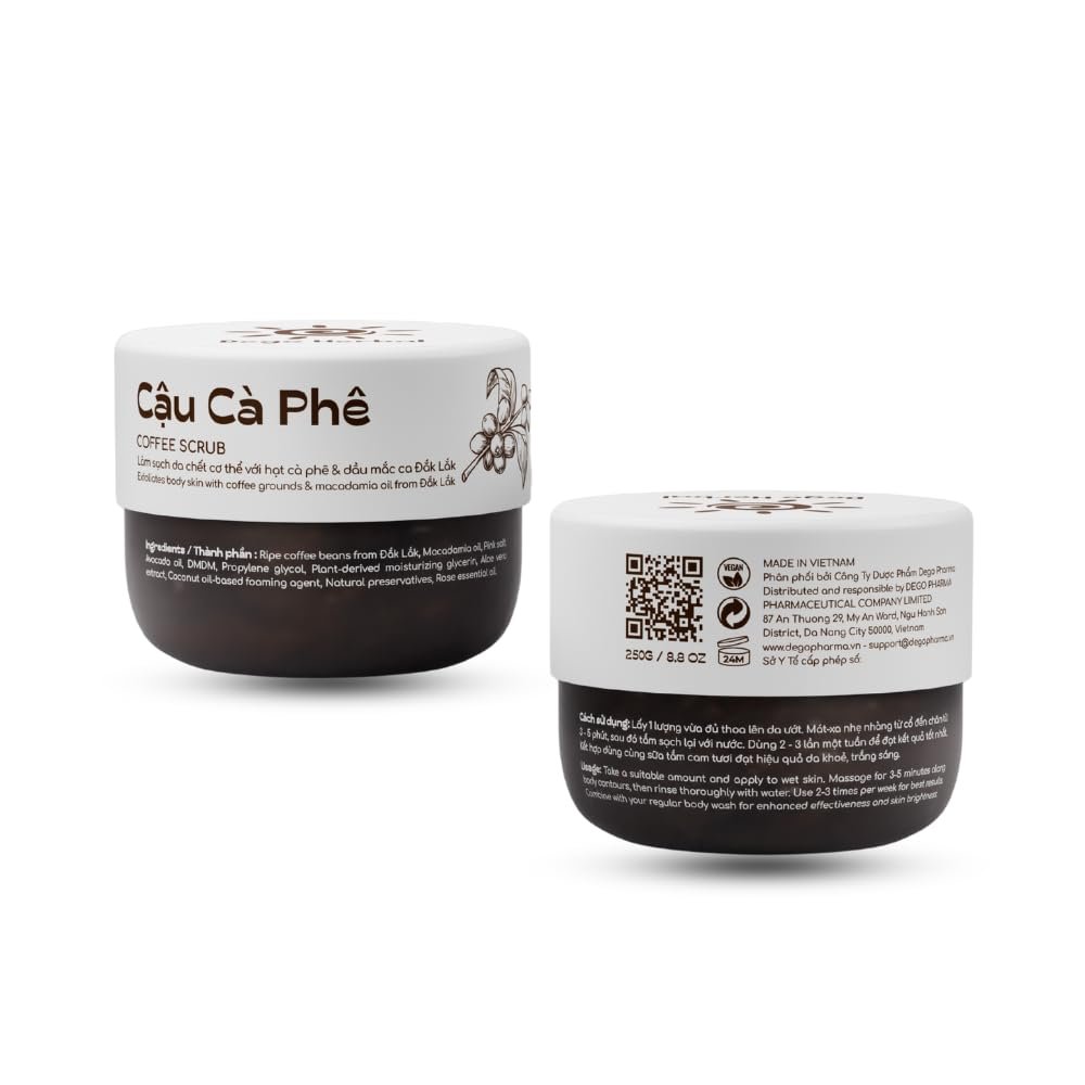 Coffee Body Scrub with Dak Lak Ripe Coffee, Macadamia Oil, Himalayan Salt, Aloe Vera & Pink Grapefruit Essential Oil – Exfoliating & Moisturizing for Smooth, Radiant Skin (8.8 fl oz)