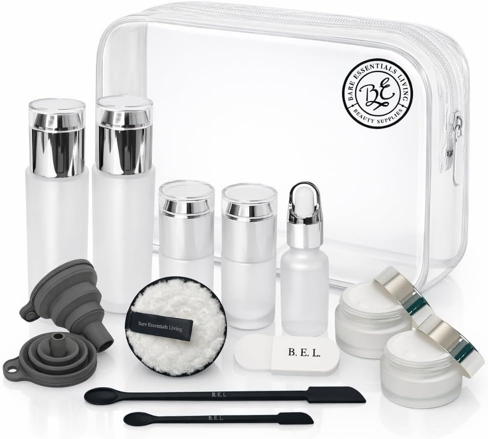 14 Pcs Glass Travel Skincare Containers Set-TSA Approved Toiletry Bag & Glass Travel Bottles for Toiletries Pump, Spray & Dropper Bottles Travel Size for Foundation, Serum Moisturizer Oil & Cream