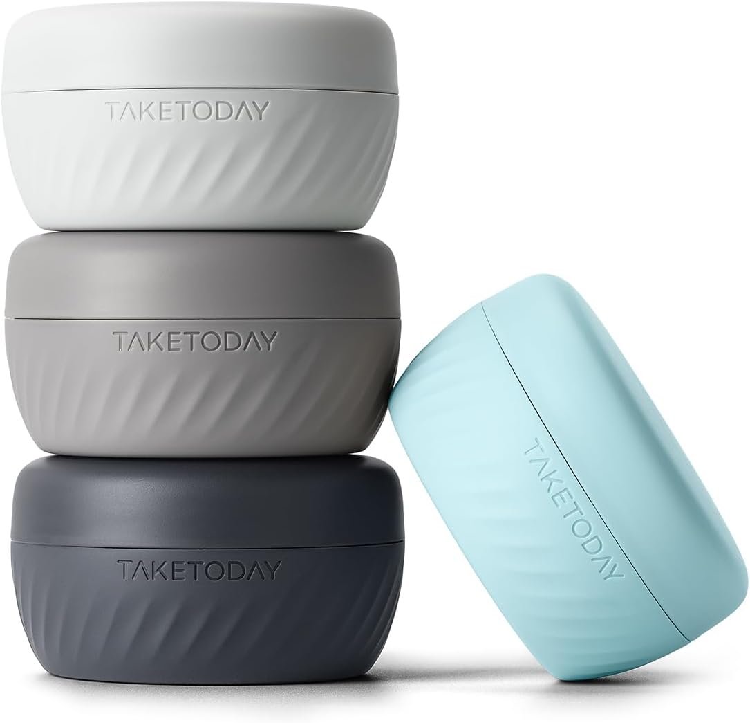 TakeToday Travel Containers for Toiletries, Leak-Proof, TSA Approved, Refillable Silicone Cylindrical Cream Jars with Lid for Cosmetic Toiletry, 2oz, 4 Pack, Grey