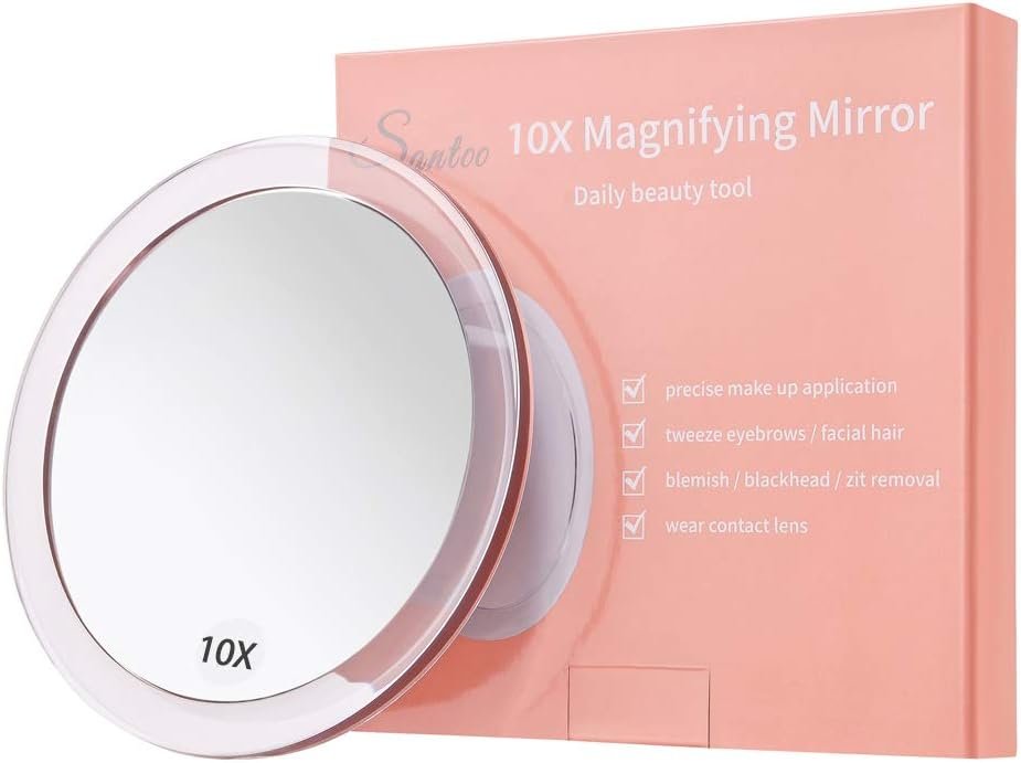 SANTOO 10X Magnifying Mirror – with 3 Mounting Suction Cups – Used for Precise Makeup – Eyebrows/Tweezing – Blackhead/Blemish Removal – Bathroom/Travel Makeup Mirror – 6 Inch Round