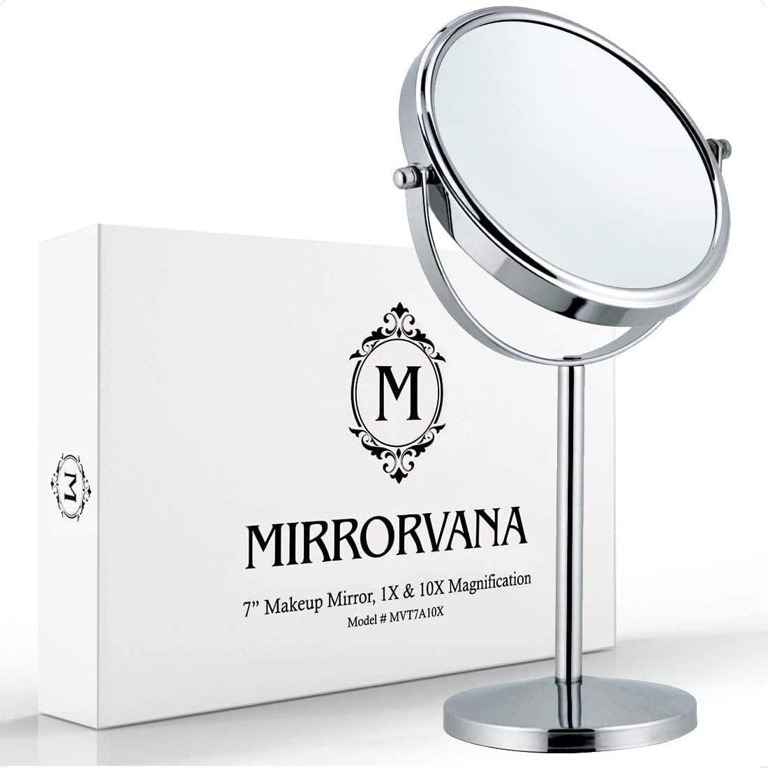 10X Magnifying Makeup Mirror on Round Stand for Tabletop, Bedroom Vanity Desk and Bathroom Counter – Free Standing Double Sided 10X/1X Magnification Mirror – 7″ Wide and 14″ Tall (Chrome)