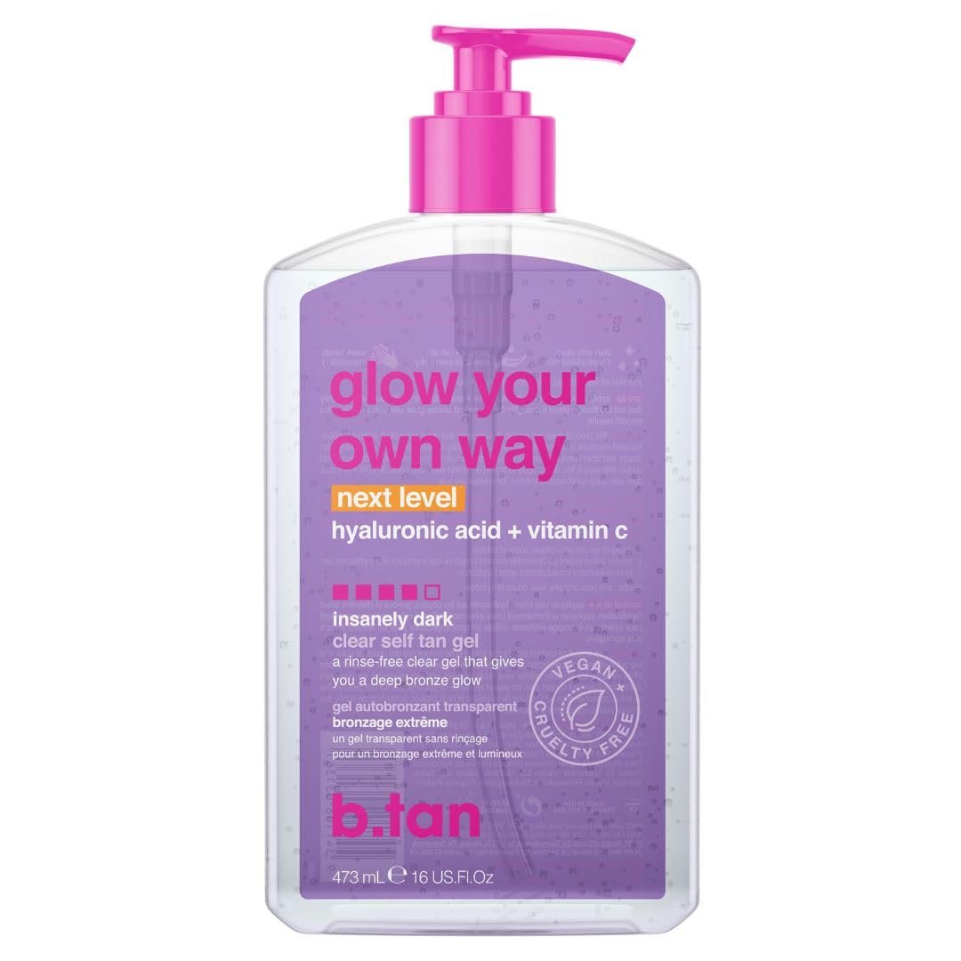 b.tan Insanely Dark Clear Self Tan Gel | Glow Your Own Way Next Level – Best, Transfer-Resistant Sunless Tanning Lotion, Ultra Quick Bronze, No Fake Tanner Smell, 16 Fl Oz