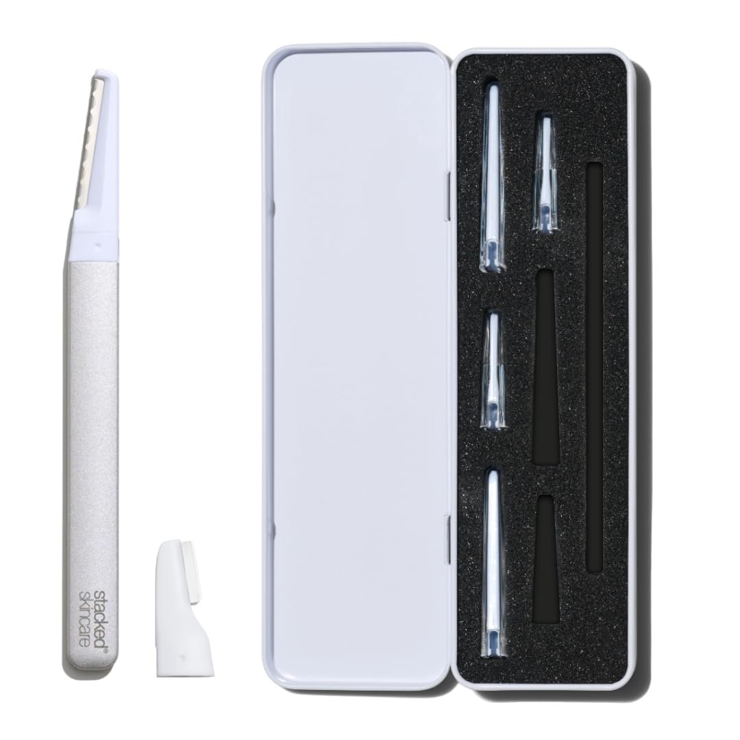 StackedSkincare Dermaplaning Kit for Face – At Home Exfoliation Tool with 3 Replacement Blades + 3 Precision Blades – Removes Dead Skin & Peach Fuzz for Smoother-Looking Skin
