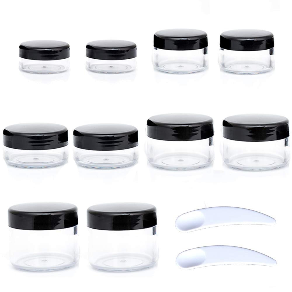 10pcs Small Travel Containers, Black Sample Jars with Screw Lids, 5 Size 3/5/10/15/20 Gram, 12pcs Labels and 2pcs Mini Disposable Spatula, Makeup Sample Containers BPA Free