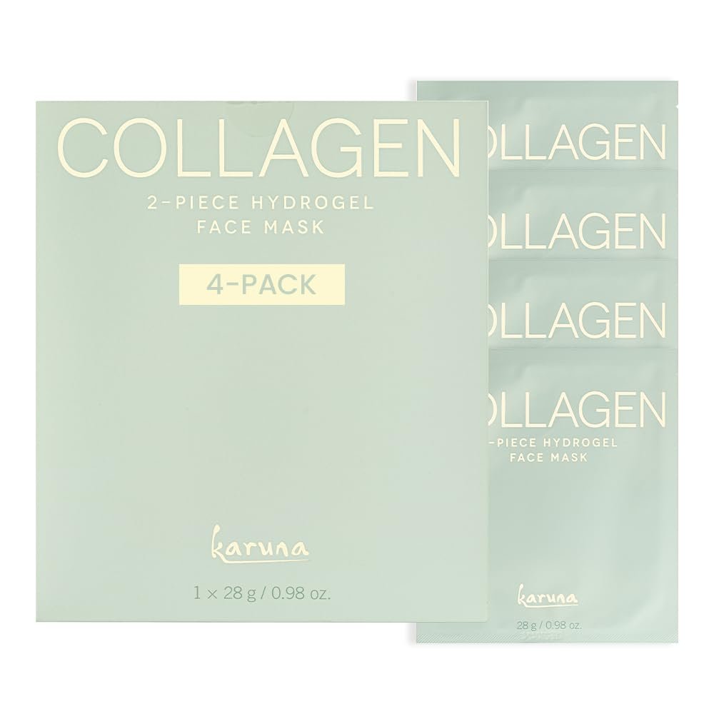 Karuna Collagen Hydrogel Face Mask 4-Pack – Anti-Aging K-Beauty Sheet Masks with Hydrolyzed Collagen, Hyaluronic Acid, 9 Peptides & Antioxidants – Hydrating 2-Piece Mask for Fine Lines, All Skin Types