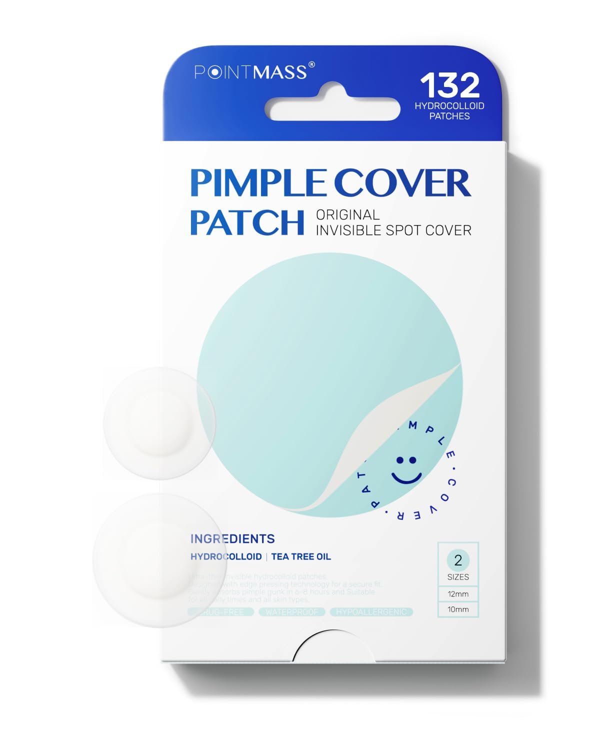 POINTMASS Invisible Pimple Patches for Face Acne: 0.1mm Ultra-Thin Hydrocolloid Zit Stickers with Tea Tree Oil – 132 Dots, 2 Sizes (Whiteheads/Sensitive Skin)