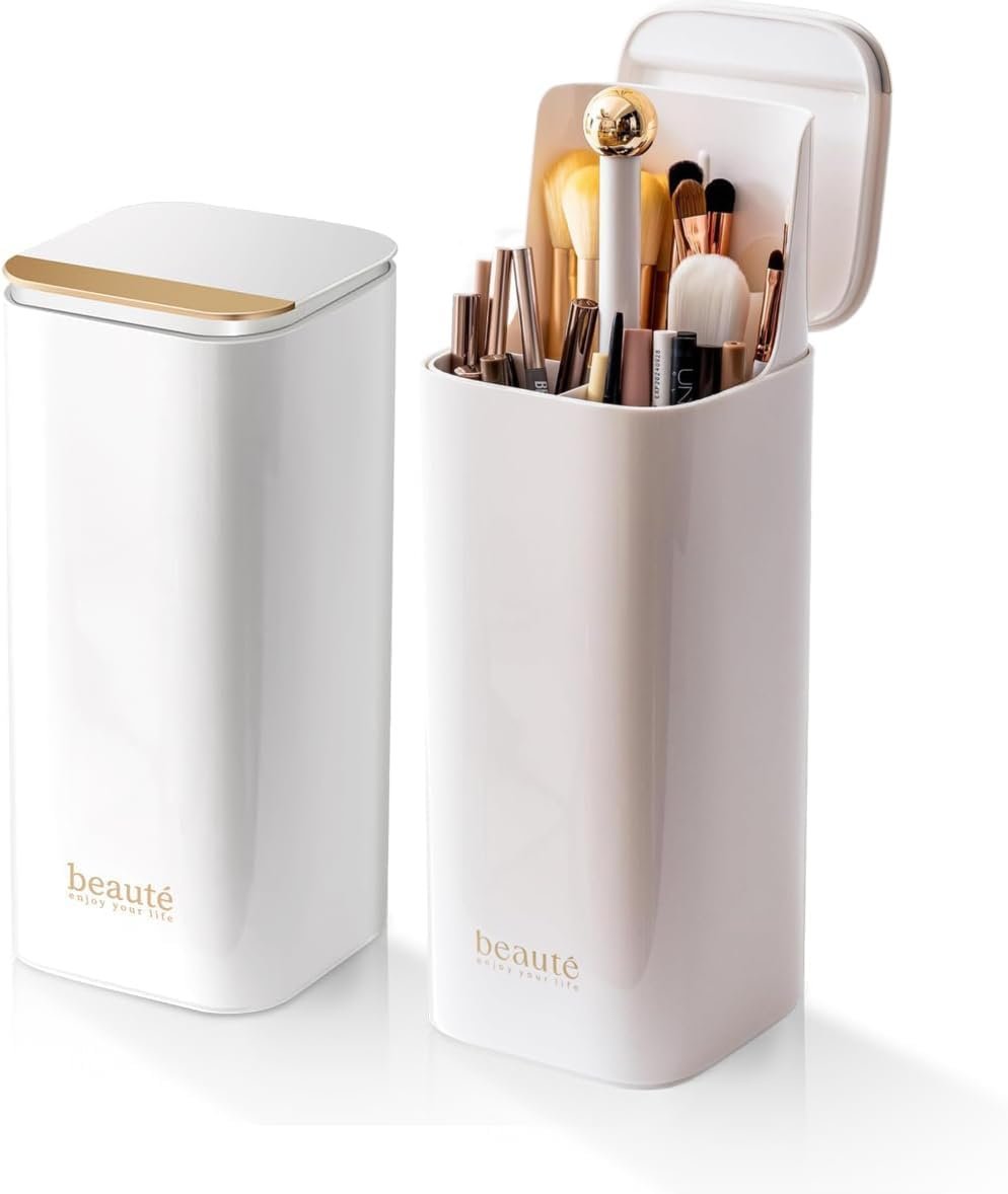 Upgrade Makeup Brush Holder Organizer with Lid, Automatic Lifting Dustproof Makeup Brushes Organizer with 4 Compartments for Vanity，Cosmetic Storage for Dresser Countertop and Bathroom (White Gold)