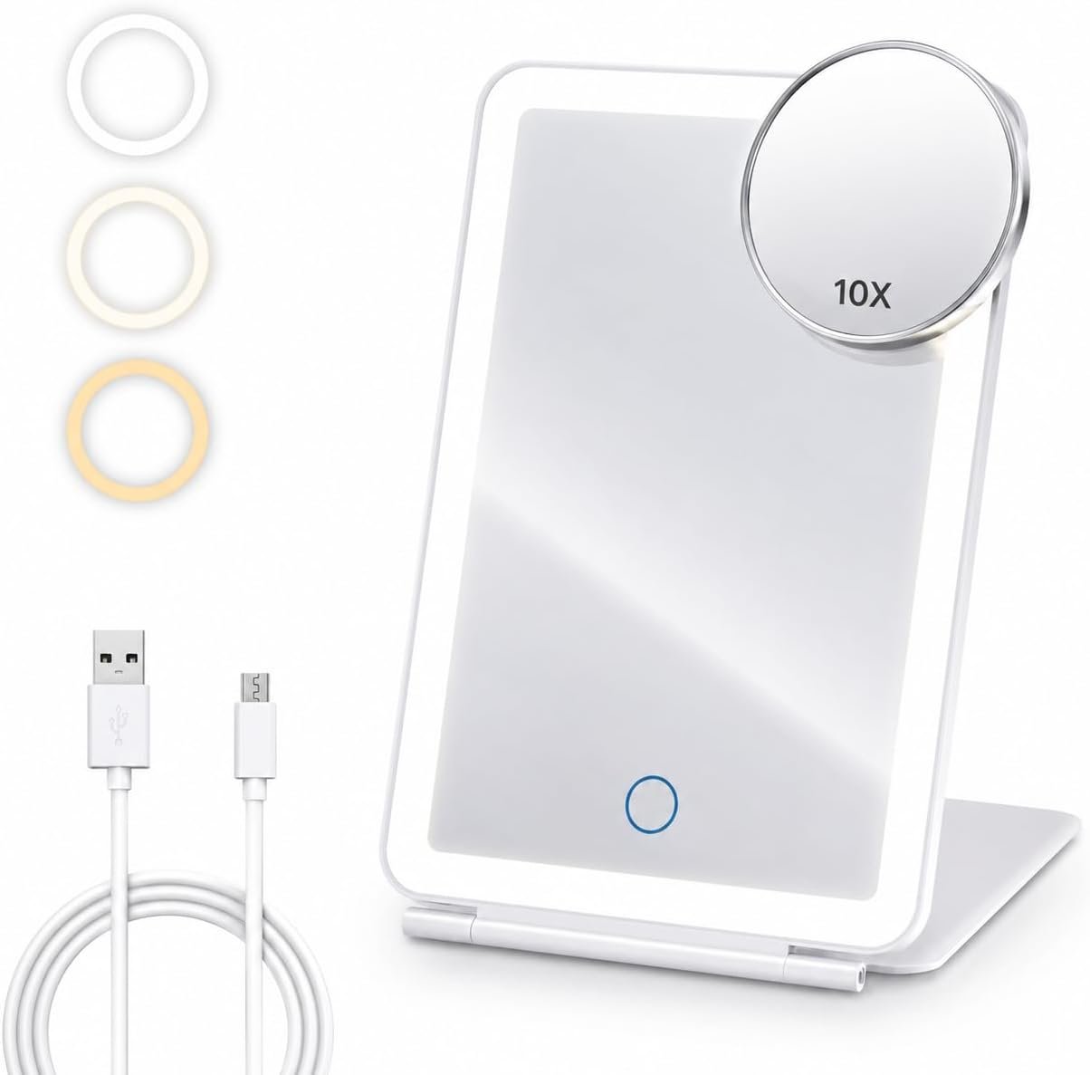 Rechargeable Travel Makeup Mirror with Lights, Portable Lighted Vanity Mirror with 10X Magnifying Mirror, 72 LED Lights, 1000mAh Battery, 3 Color Modes, Touch Dimmable Mirror for Desk & Travel