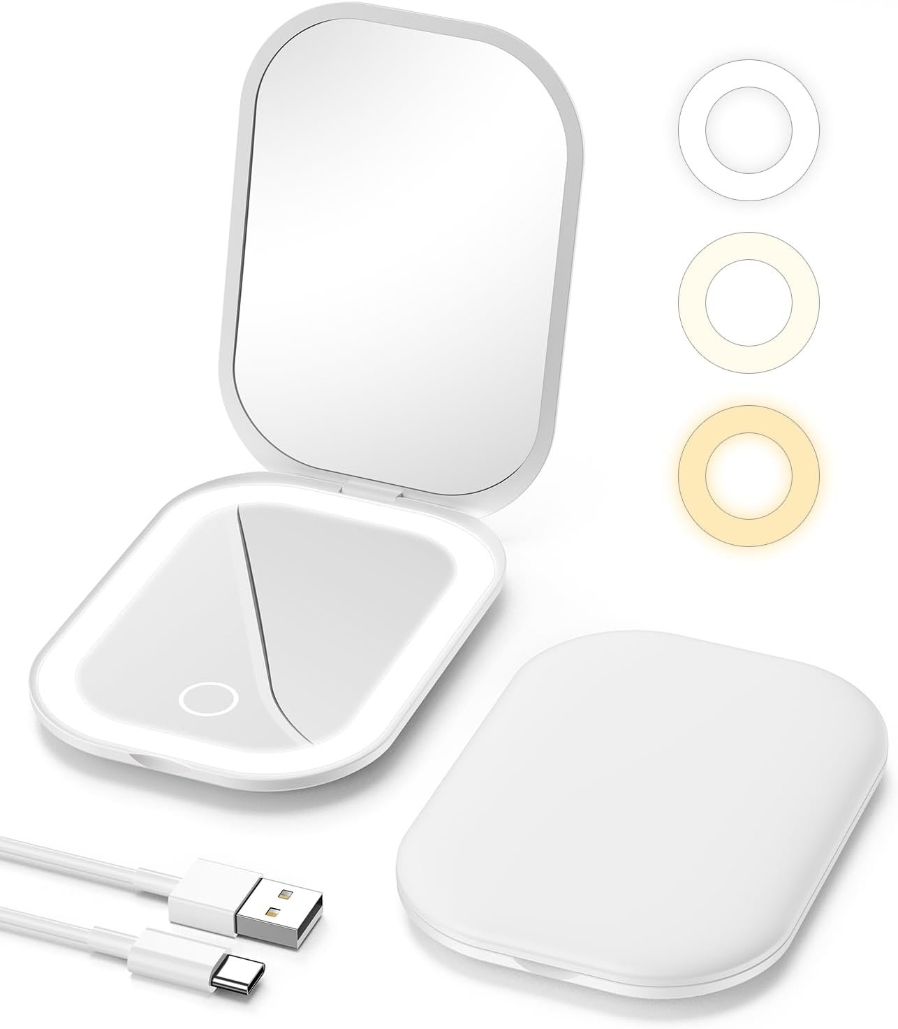 Gospire Lighted Travel Makeup Mirror with Light and Magnification 1X/3X, Stepless Dimming and Three-Color Adjustable Lights, Rechargeable Battery and Compact Size for Purse and Portable Use – White