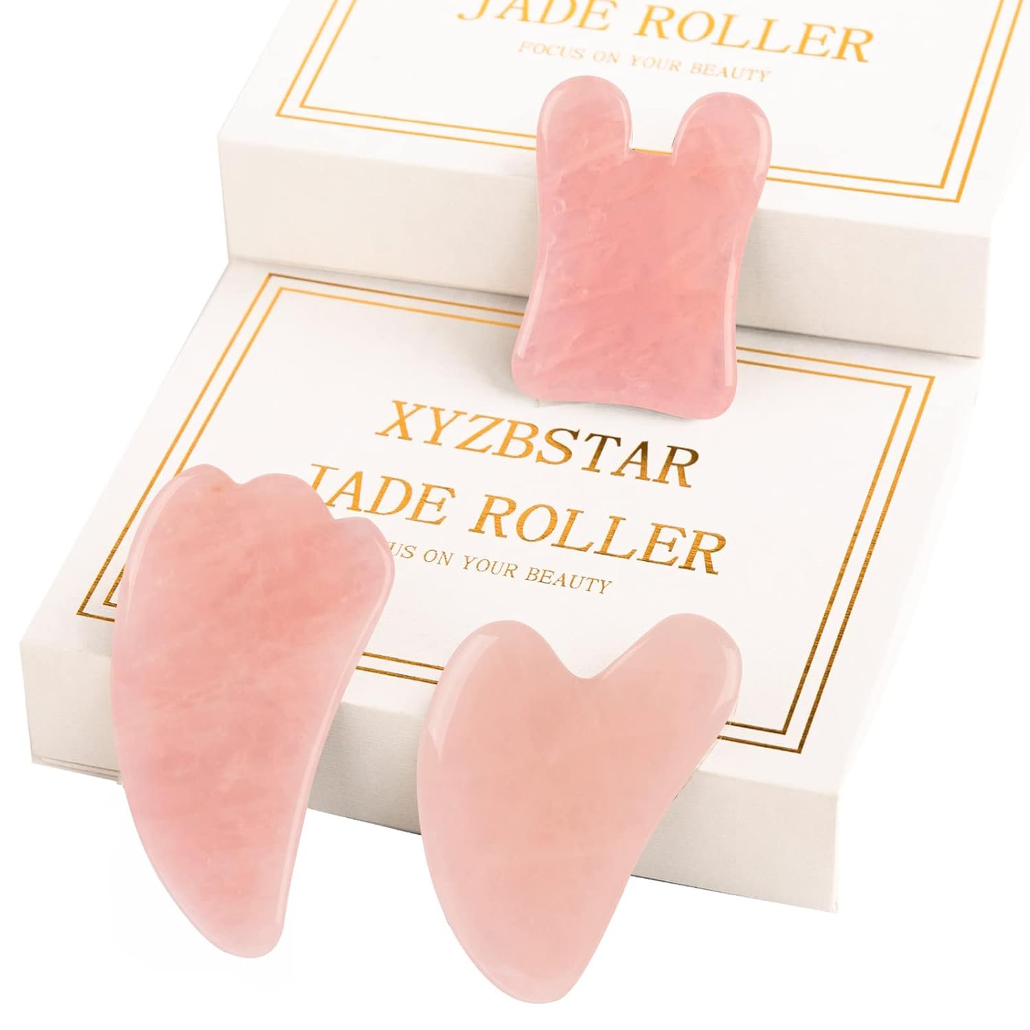 Gua Sha Facial Tools Set of 3 Guasha Massage Tool Rose Quartz Gua Sha Scraping Tool for Face,Neck, Eyes and Body,Jade Stone Guasha Board Pack of 3 (Pink)