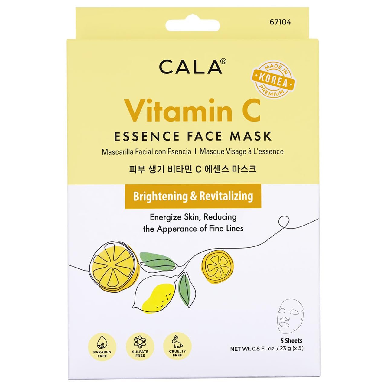 Cala Vitamin C Essence Facial Sheet Masks, 5 Pack – Ultra-Thin Face Mask Sheets with Orange & Lemon Fruit Extracts, Hydrating for Dry, Dull Skin, 5-Min No-Rinse Use