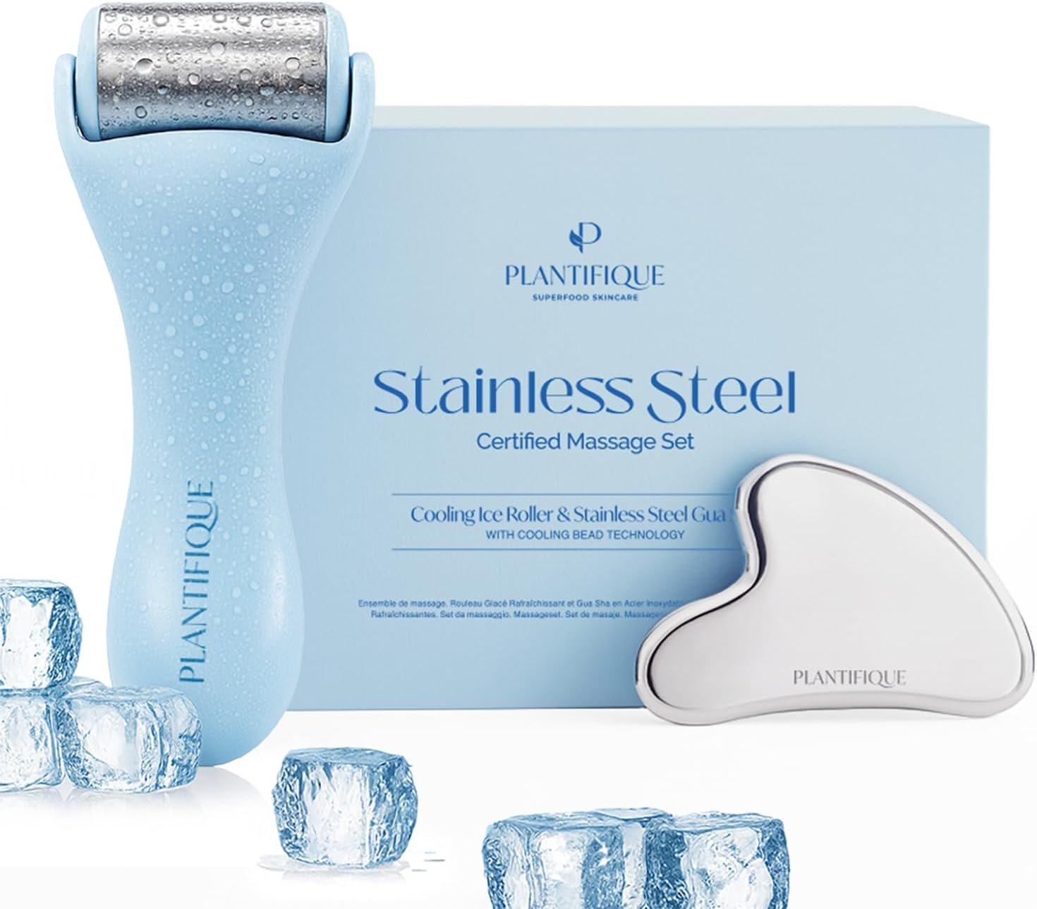PLANTIFIQUE Stainless Steel Gua Sha and Ice Roller for Face & Body – Cooling Facial Tool Set to Reduce Puffiness, Improve Lymphatic Drainage & Soothe Skin