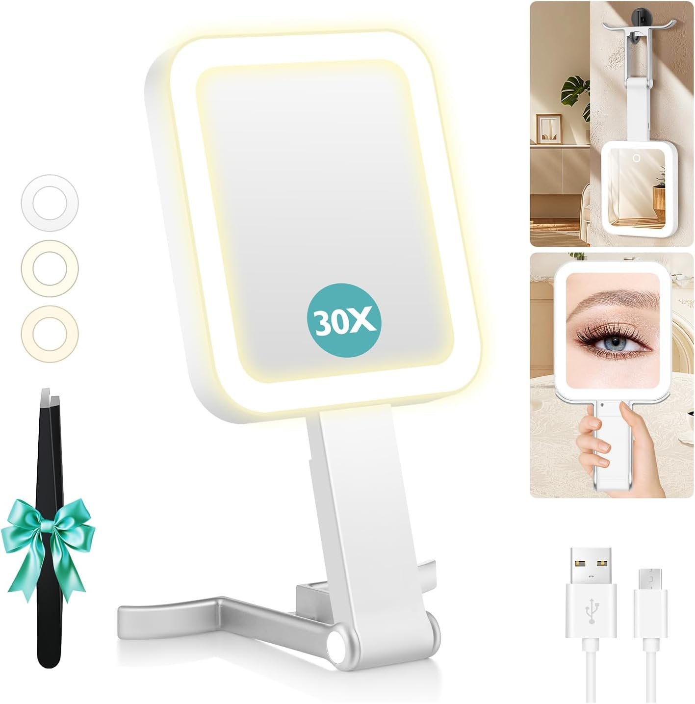 B Beauty Planet Travel Makeup Mirror with Lights, Double-Sided 1X/30X Magnifying Mirror, 3 Color Lighting & Brightness Adjustable, Portable &Foldable Handheld Mirror with Lights(White)