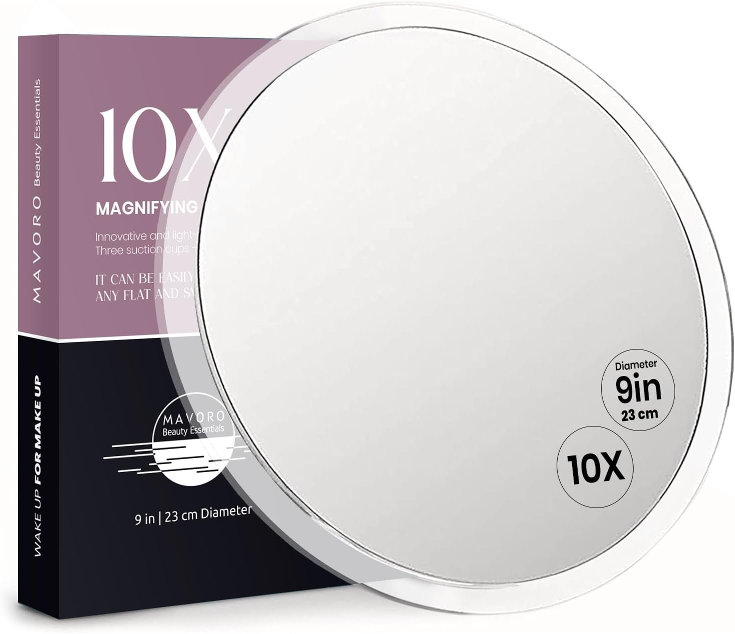 Mavoro 9” Magnifying Mirror with 3 Strong Suction Cups | 10X Magnification | Portable Travel Makeup & Cosmetic Mirror (10X)