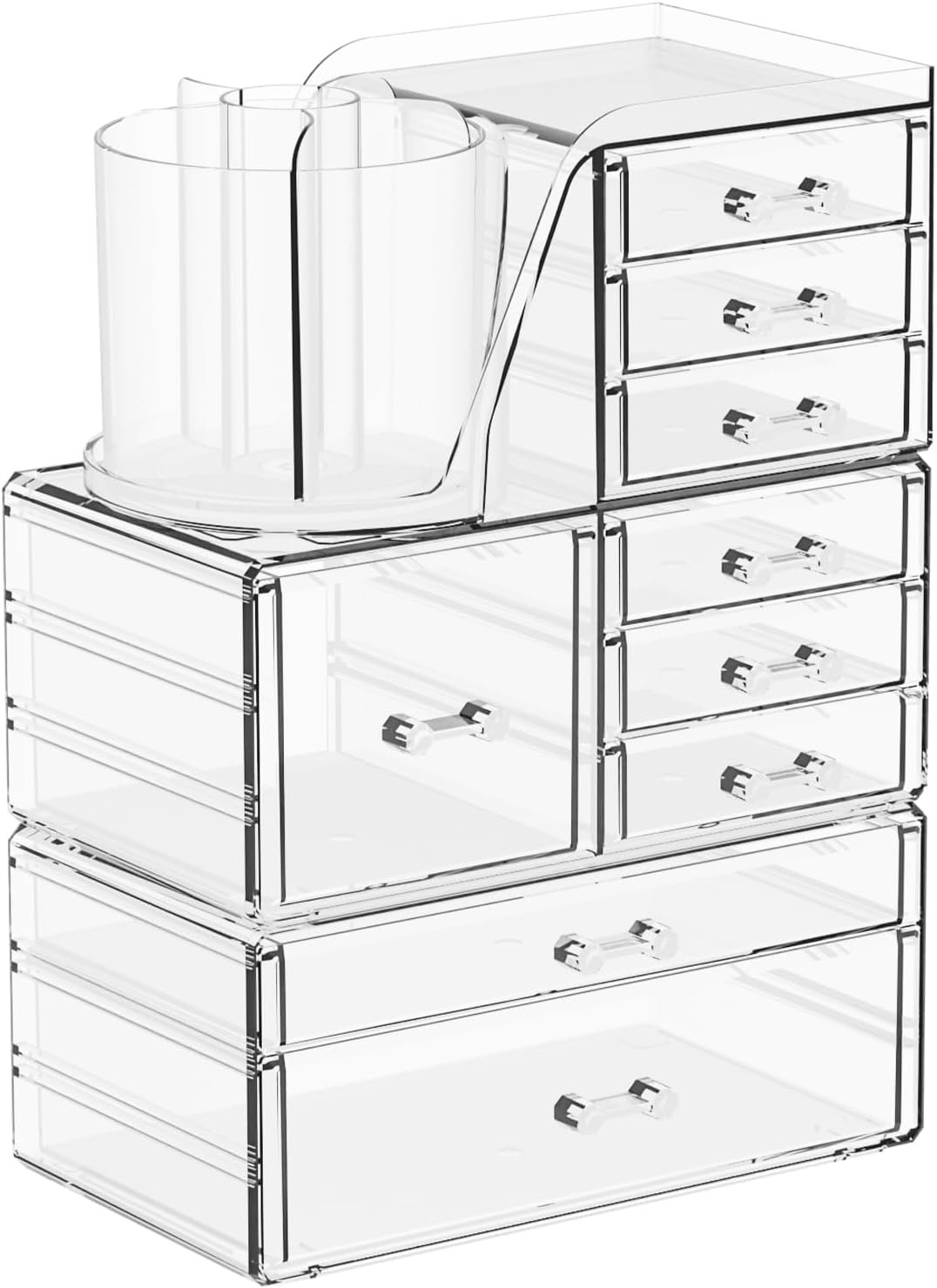 SuoXing 3 Pack Clear Acrylic Makeup Organizer for Vanity With 9 Drawer, Skincare Organizers Countertop With Make up Brush Holder,Bathroom Make up Drawer Storage for Beauty,Hair Accessories Organizer | Cute