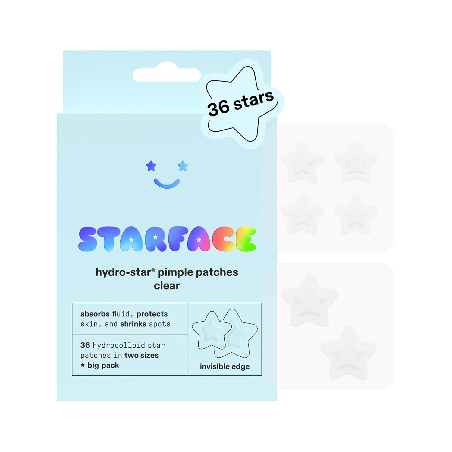 Starface Hydro-Star® Pimple Patches, Hydrocolloid, Clinically Proven Spot Shrinking in 6 Hours, Absorb Fluid, Reduce Redness, Vegan, Cruelty-Free Skincare (Clear, 36 Count)