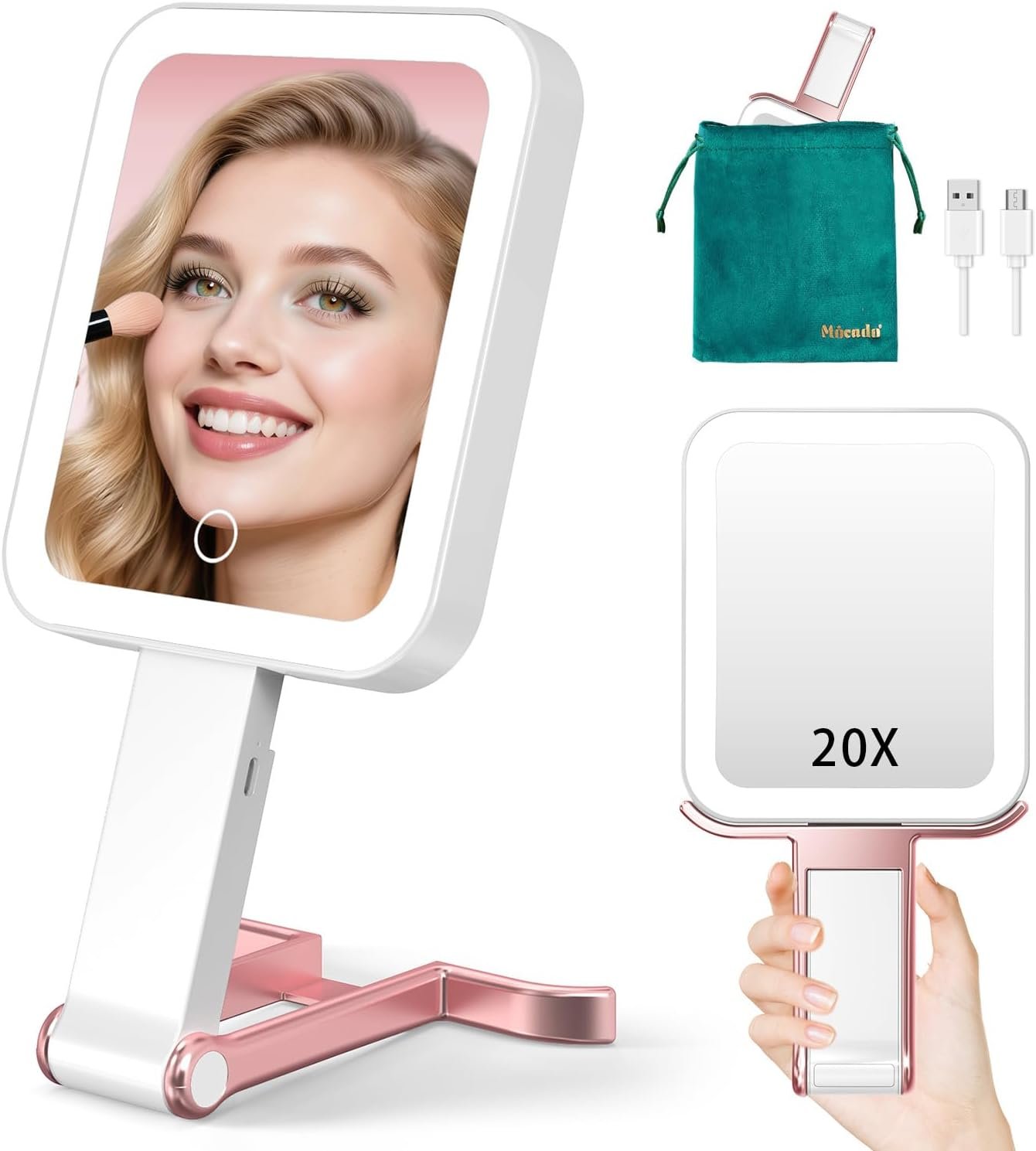 Mocado Travel Makeup Mirror with Light, 1x/10x Magnifying Mirror With Light, 3 Colors Lighted Magnifying Mirror, 2000mAh Rechargeable Lighted Makeup Mirror, Dimmable Touch, Memory Function (Rose Gold)