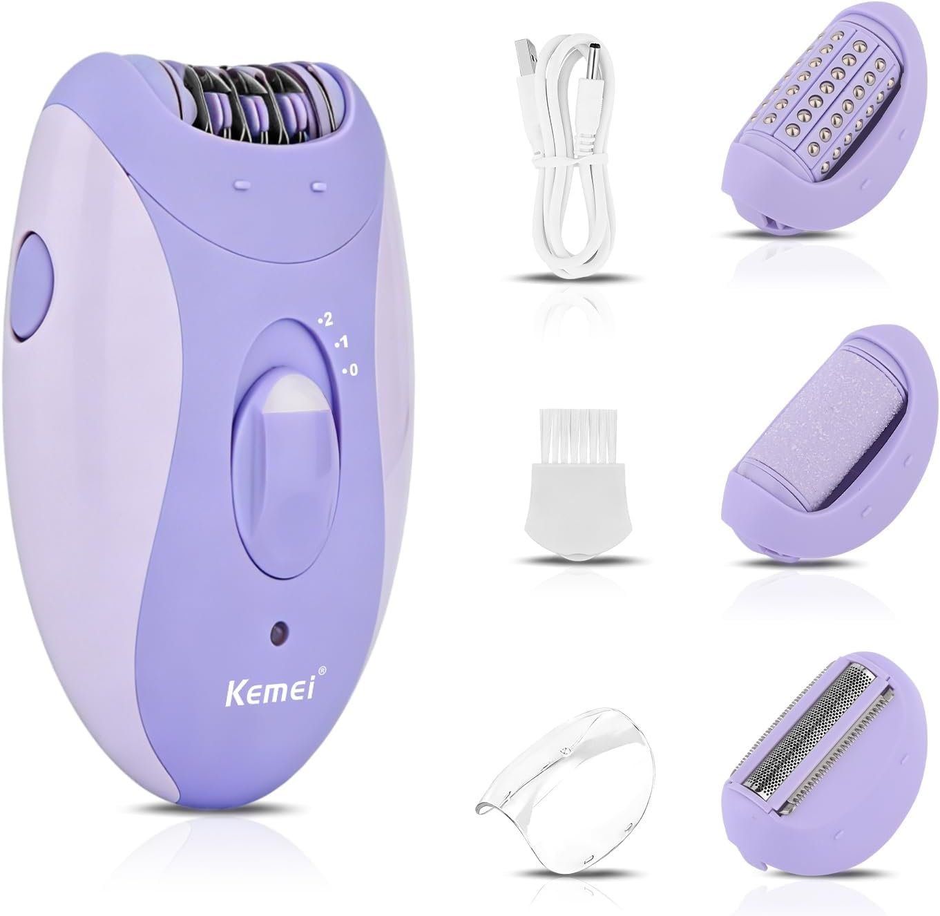 KEMEI 4-in-1 Women’s Hair Epilator, Suitable for Body Hair on the Face, Legs, Arms, Underarms and Bikini Line, 2-Speed Adjustment, Built-in Lighting, USB Charging