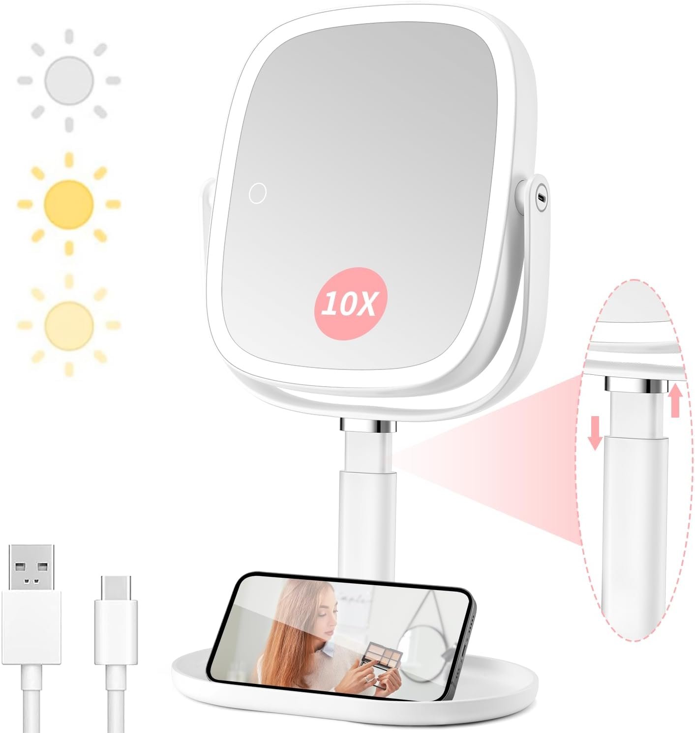 Lighted Makeup Mirror with Magnification,1x/10x Magnifying Mirror with Light Rechargeable,Height Adjustable Vanity Mirror with 3 Color Lights,Double Sided 360° Rotation,Memory Function