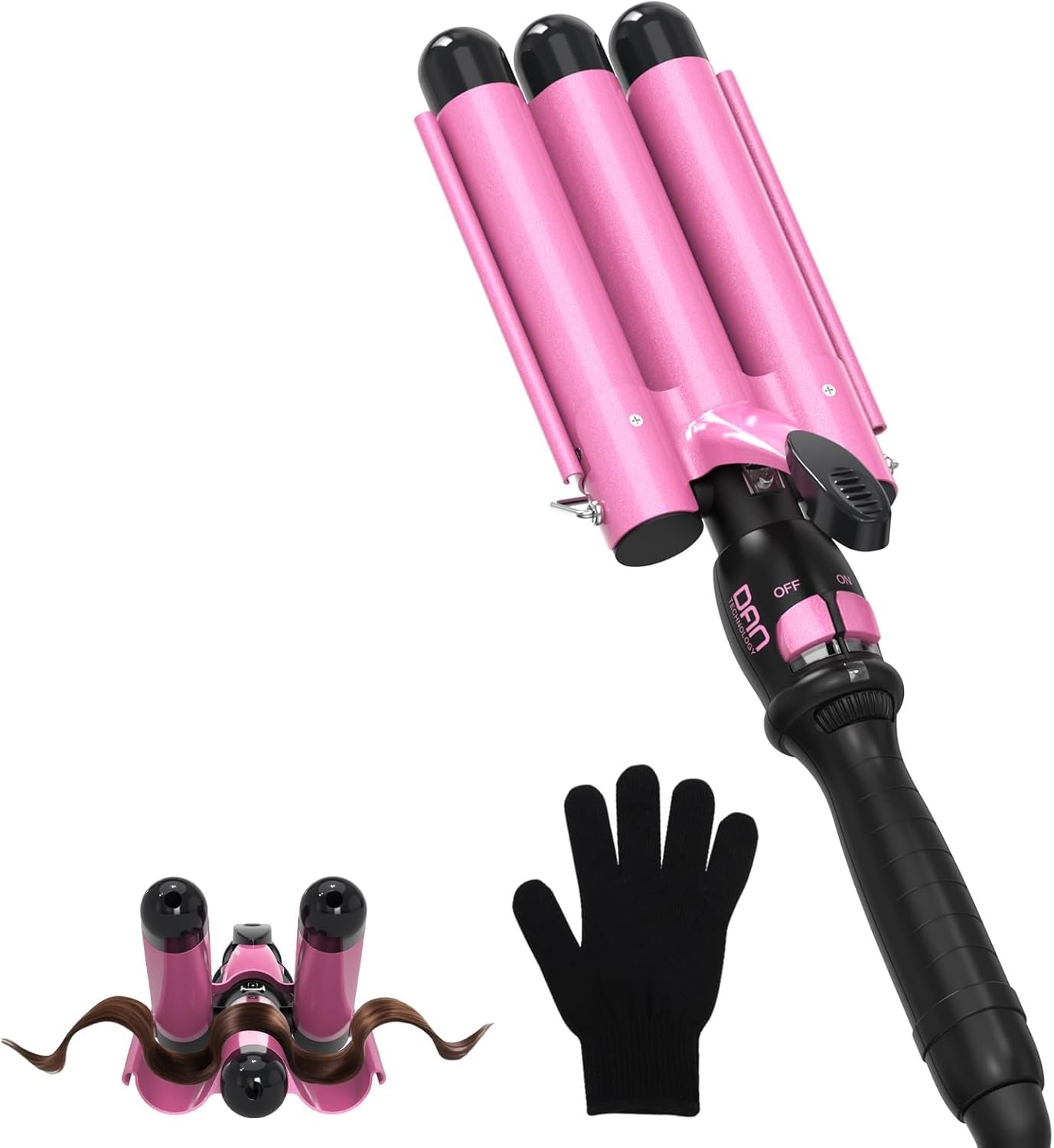 Hair Crimper 1 Inch, 7 Heat Settings 180-430°F, Ceramic Triple Hair Waver for Beach Waves, Dual Voltage 110-240V, Auto Shut-Off, Glove Included, Pink