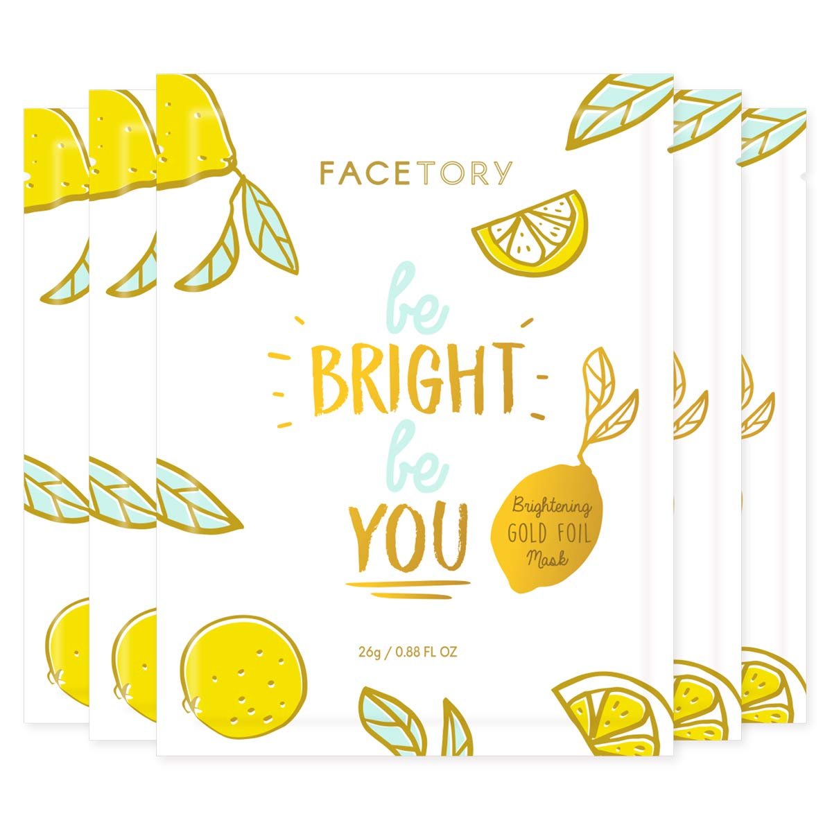 FACETORY K Beauty Face Mask Skin Care – BE BRIGHT BE YOU BRIGHTENING Sheet Mask with Gold Foil & Lemon Fruit | Glowing Gold Brightening Face Mask (5 Pack)
