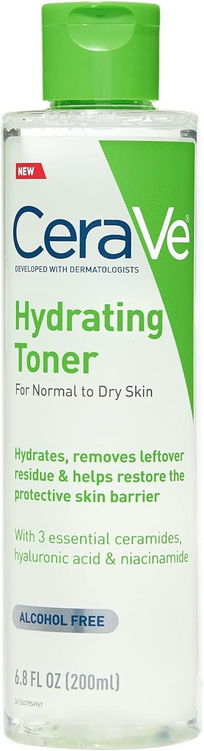CeraVe Hydrating Toner for Face Non-Alcoholic with Hyaluronic Acid, Niacinamide, and Ceramides for Sensitive Dry Skin, Fragrance-Free Non Comedogenic, Full Size, 6.8 Fl Oz
