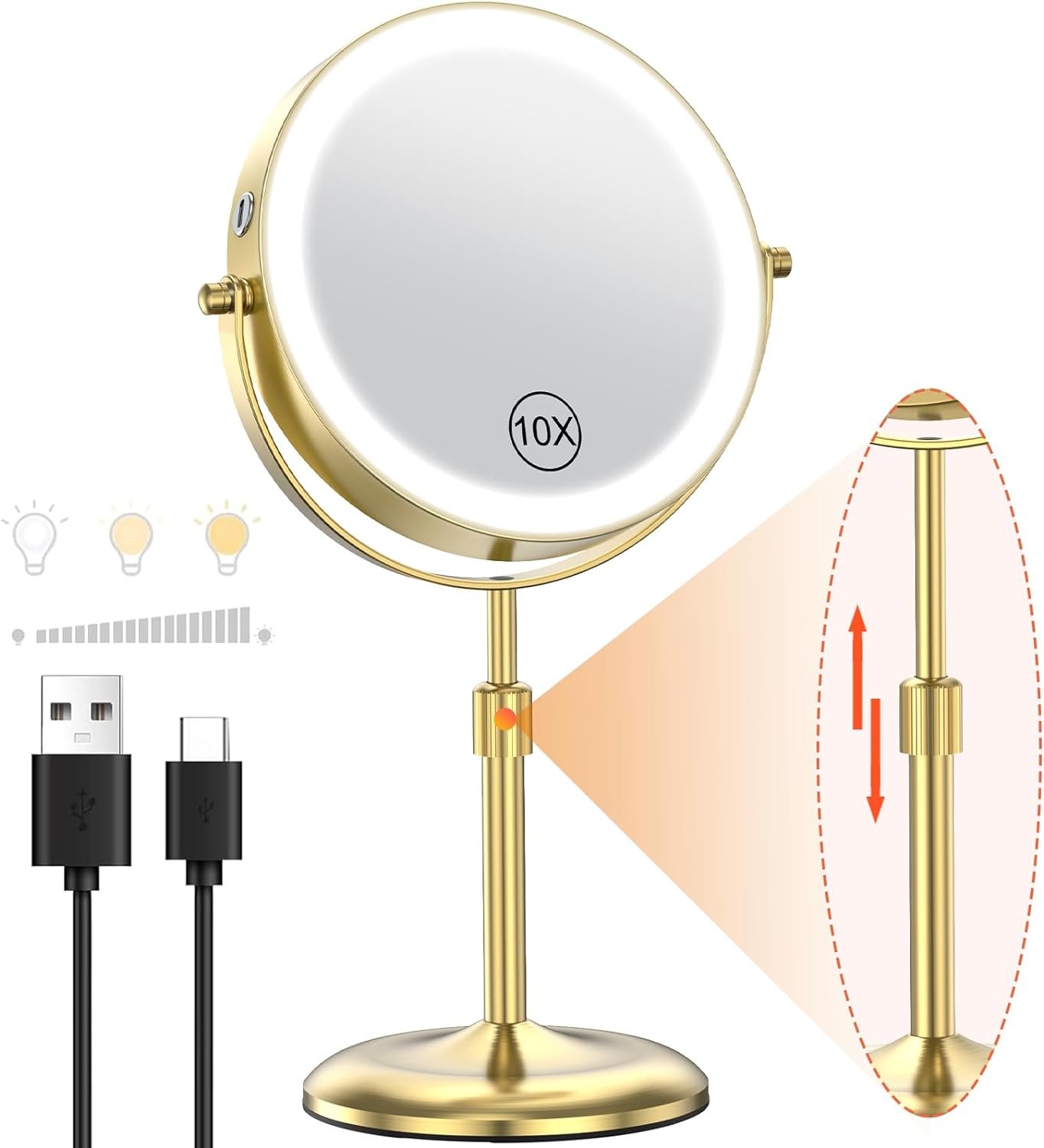 Benbilry 7″ Lighted Makeup Mirror with 3 Color Lights & 10X Magnification, Adjustable Brightness & Height, 360° Swivel Rechargeable 10X LED Magnifying Vanity Mirror with Light, Gold
