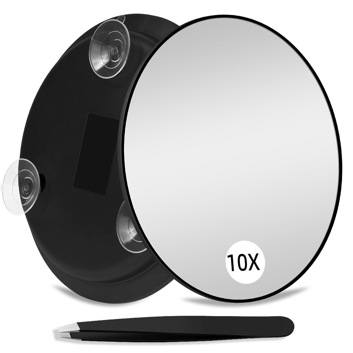 10X Magnifying Mirror with 3 Suction Cups, Large 6inch Round Travel Makeup Mirror with High Magnification, Makeup Mirror with Tweezers Set