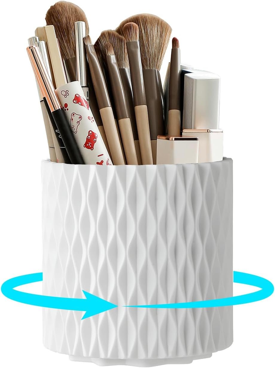 Makeup Brush Holder Organizer, 360° Rotating 5-Slot Make up Brushes Cup for Cosmetic, Lipstick, Hair Brush Holder – Spinning Vanity Countertop Caddy for Bathroom, Dorm & Office, White