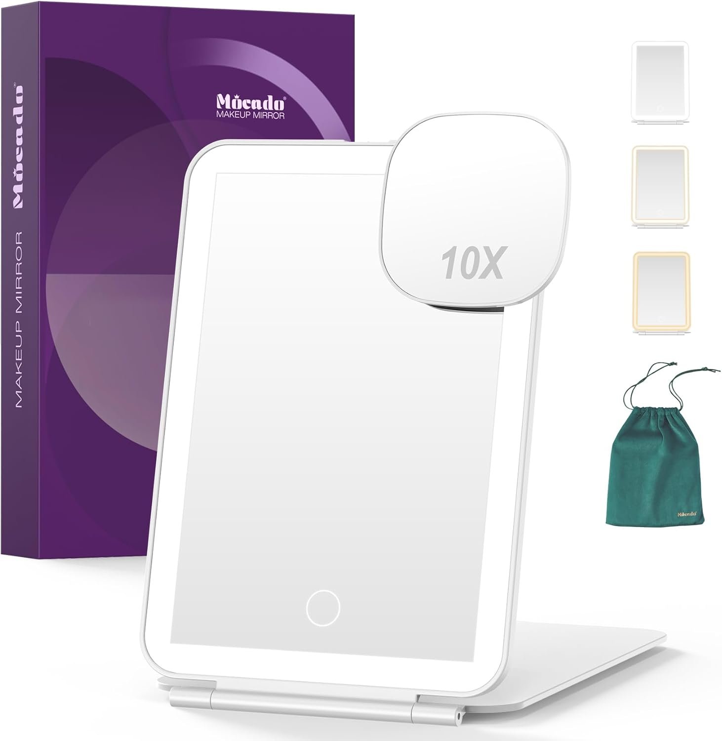 Mocado LED Foldable Travel Makeup Mirror – 5×7 inches 3 Colors Light Modes USB Rechargeable Touch Screen, Portable Tabletop Cosmetic Mirror for Travel, Cosmetic, Office (White)
