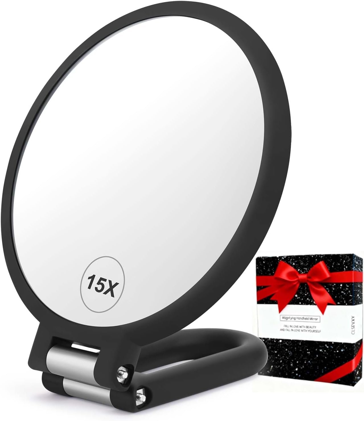 CLSEVXY Magnifying Handheld Mirror Double Sided, 1X 15X Magnification Hand Mirrors, Travel Folding Hand Held Mirror, 360°Rotation Pedestal Makeup Vanity Mirror