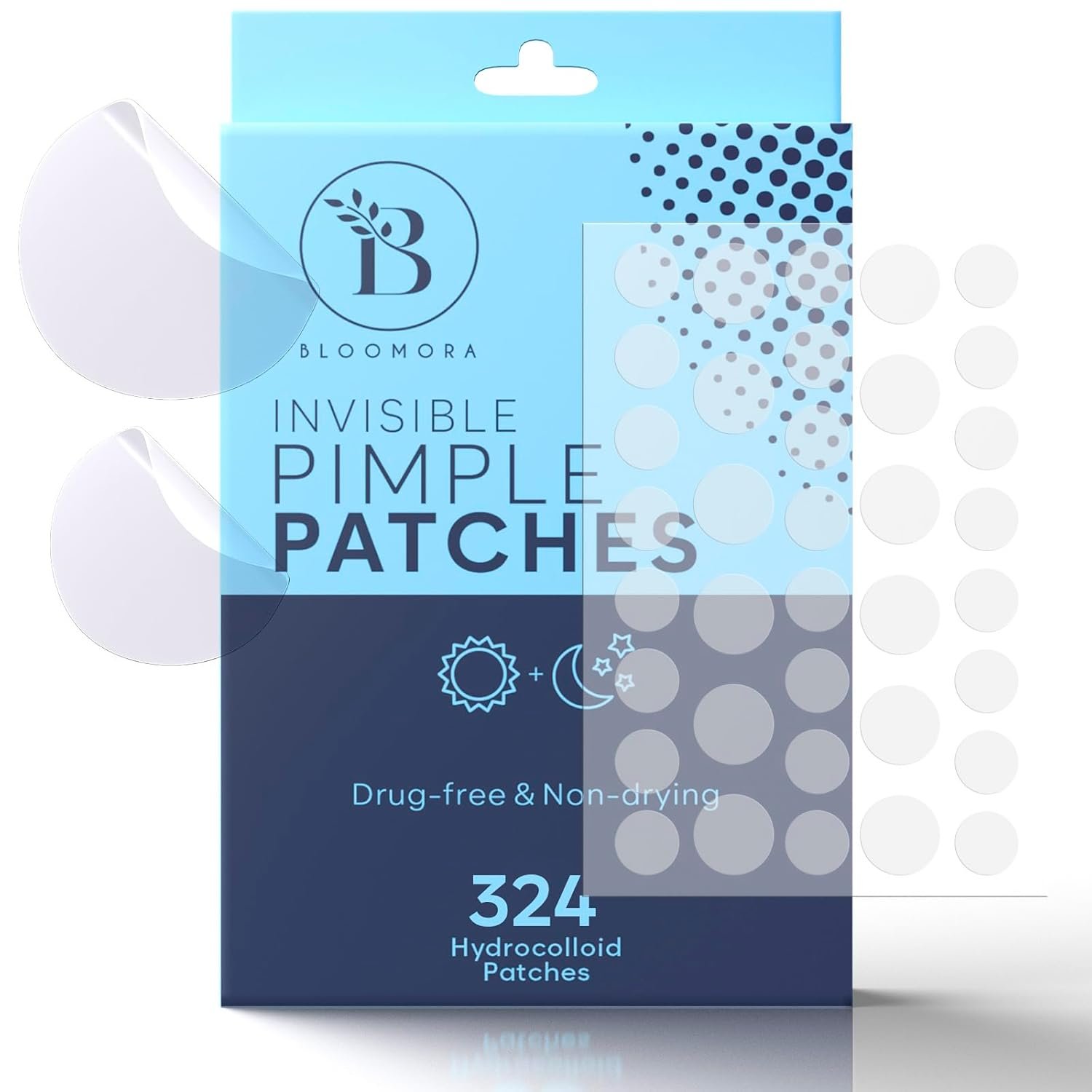 BLOOMORA Invisible Pimple Patches for Face (324 Count), Zit Patches for pimples, Hydrocolloid Bandages, Zit Stickers for Face – S/L Sizes
