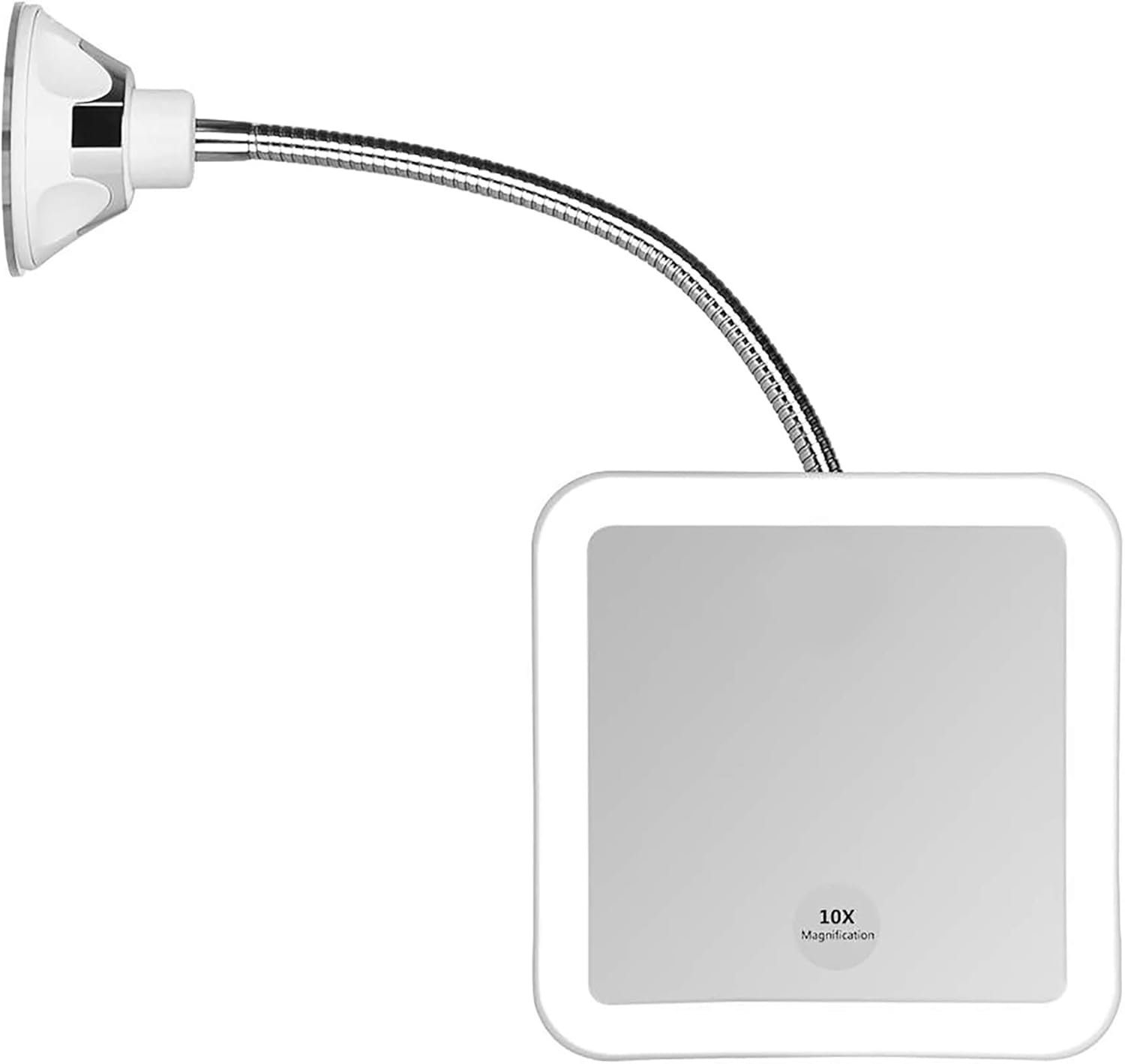 JiBen Square Flexible Gooseneck LED Lighted 10X Magnifying Makeup Mirror, Power Locking Suction Cup, Bright Diffused Light, 360 Degree Swivel, Portable Cordless Travel and Home Bathroom Vanity Mirror
