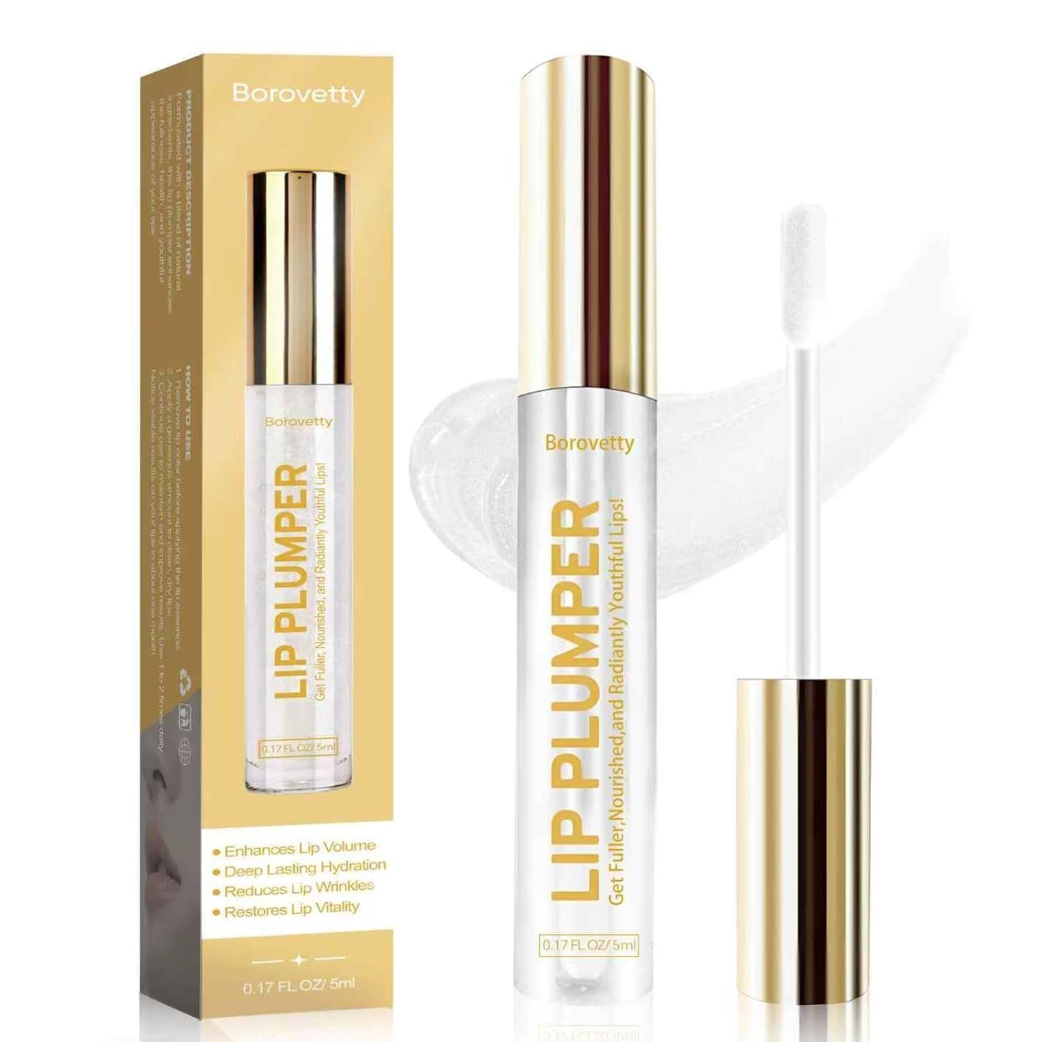 Lip Plumper Gloss, Clear Plumping Lip Gloss for Fuller, Hydrated Lips, Nourishes & Smooths Fine Lines.