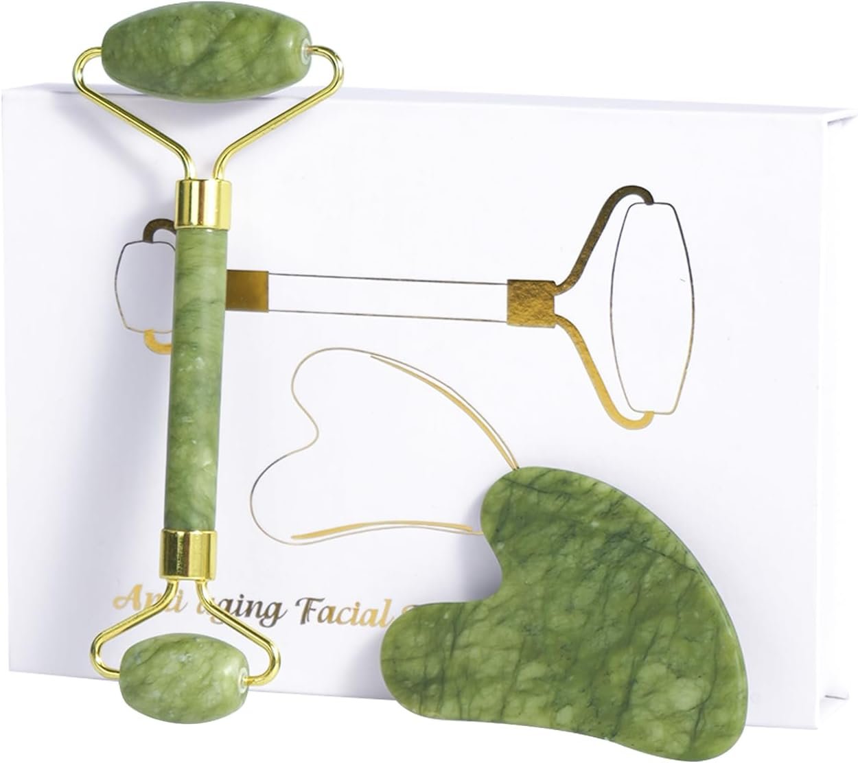 Jade Roller Gua Sha Tools – Nature Gua Sha Facial Tool Skin Tightening Face Massager Anti-Aging Jade Face Roller Puffiness Reducing Guasha Stone for Women Men（Green）