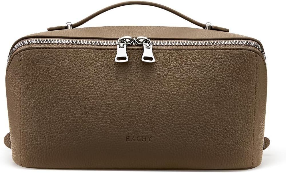 EACHY Travel Makeup Bag, Lychee Leather Large Capacity Cosmetic Bag for Women, Open Flat Toiletry Bag with TPU Brush Compartment, Waterproof Skincare Organizer Travel Essentials