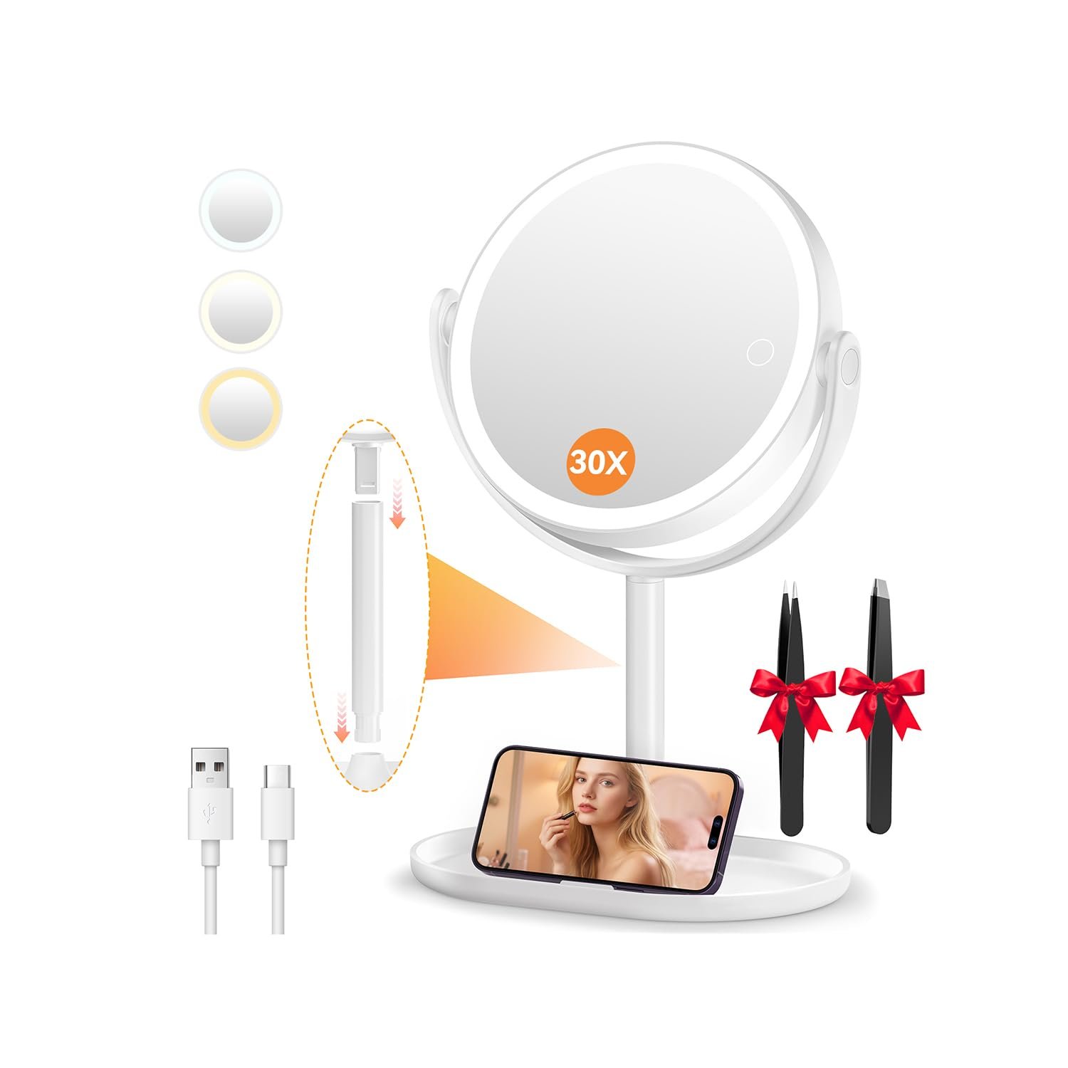 Auxmir Makeup Mirror with Lights, Double Sided 30X/1X Magnifying Mirror with Light, 3 Color Stepless Dimmable with Touch Screen, Rechargeable 360° Free Standing Vanity Mirrors for Bathroom, Bedroom