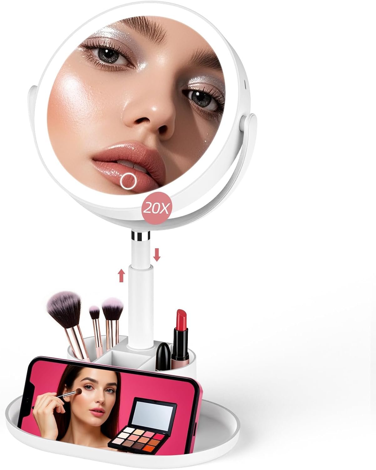 Shinowa Makeup Mirror with Lights, 1X/20X Lighted Magnifying Mirror with Storage for Makeup & Jewelry, 2-Sided Height Adjustable Vanity Mirror with 3 Color Lights, 360° Rotation & Rechargeable, White
