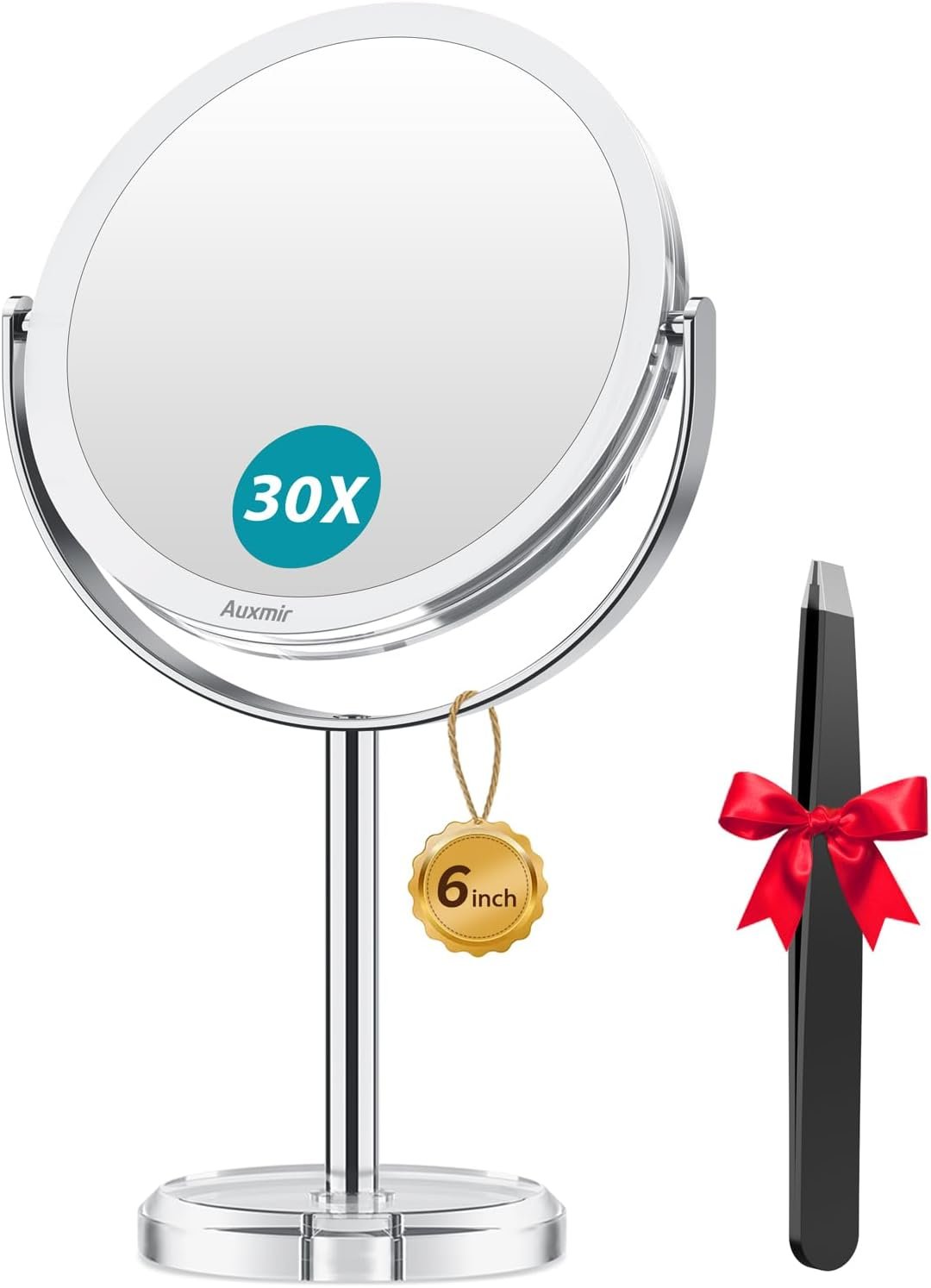 Auxmir 1X/ 30X Magnifying Mirror, Makeup Mirror with Tweezer, Double Sided Round Vanity Tabletop Mirror, 360° Rotation Portable for Dressing Table Desk Bathroom Bedroom Travel, Clear