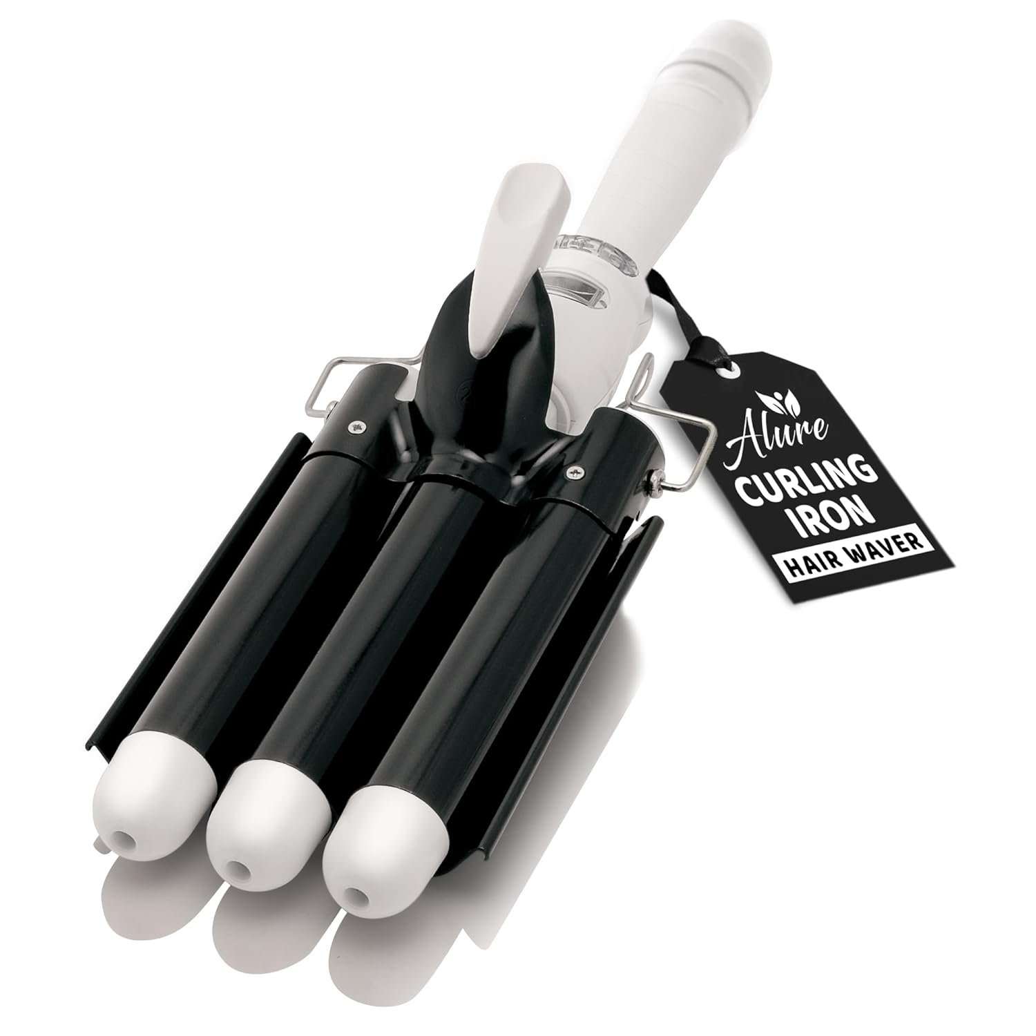 Alure Three Barrel Curling Iron Wand Hair Waver with LCD Temperature Display – 1 Inch Ceramic Tourmaline Triple Barrels, Dual Voltage Crimp (Black/White)