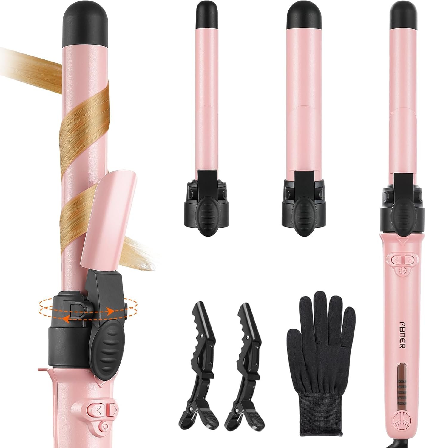 Rotating Curling Iron Set, Automatic Curling Wand for Long Hair Easy to Use Hair Curler Get Effortlessly-Chic Beach Waves 3 Sizes Ceramic Barrel 0.75″ 1″ 1.25″ to 430°F with Home Button, Dual Voltage