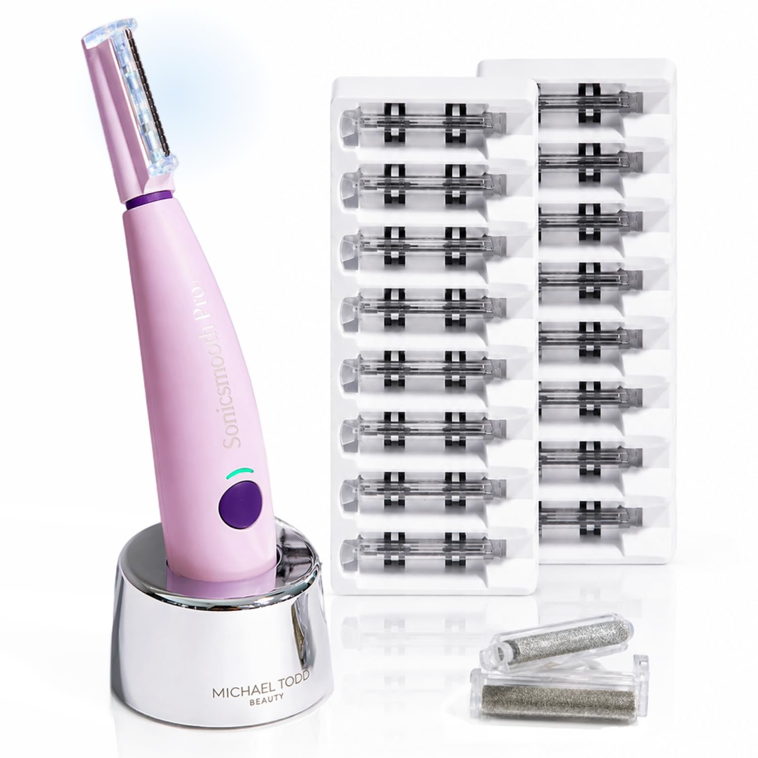 Michael Todd Beauty Sonicsmooth Pro+ Dermaplane Razor for Women Face + Eyebrow Trimmer Dermaplaning System w/LED Light Peach Fuzz Remover -16 Dermaplaning Blades & 2 Microsmooth Exfoliation Tips