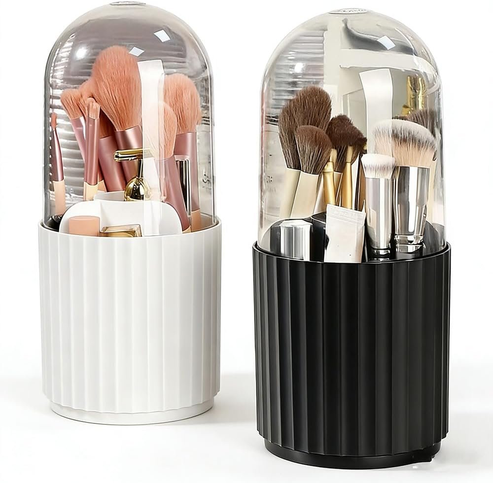 Makeup Brush Holder Organizer with Lid, 360 Degree Rotatable Makeup Brush Organizer Spinning Cosmetics Holders Brush Storage Box Display for Bathroom Vanity Countertop, White