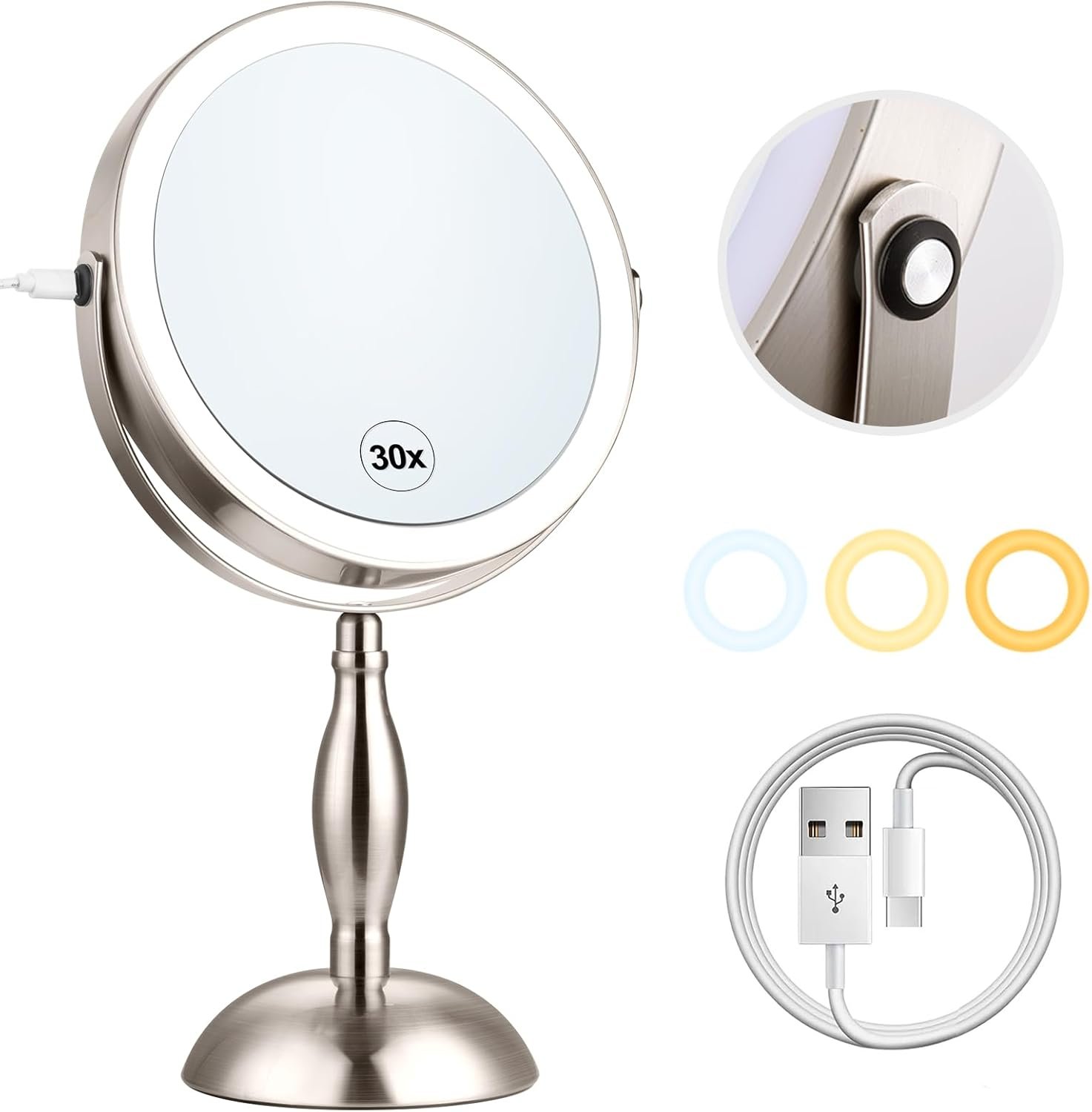 Makeup Mirror with Light, 30x Magnifying Mirror with 3 Lights Colors, 5000mAh Vanity Mirror Brushed Nickel – 360° Rotation, Brightness Adjustable Magnification, Modern Style Side Touch + Side Charge