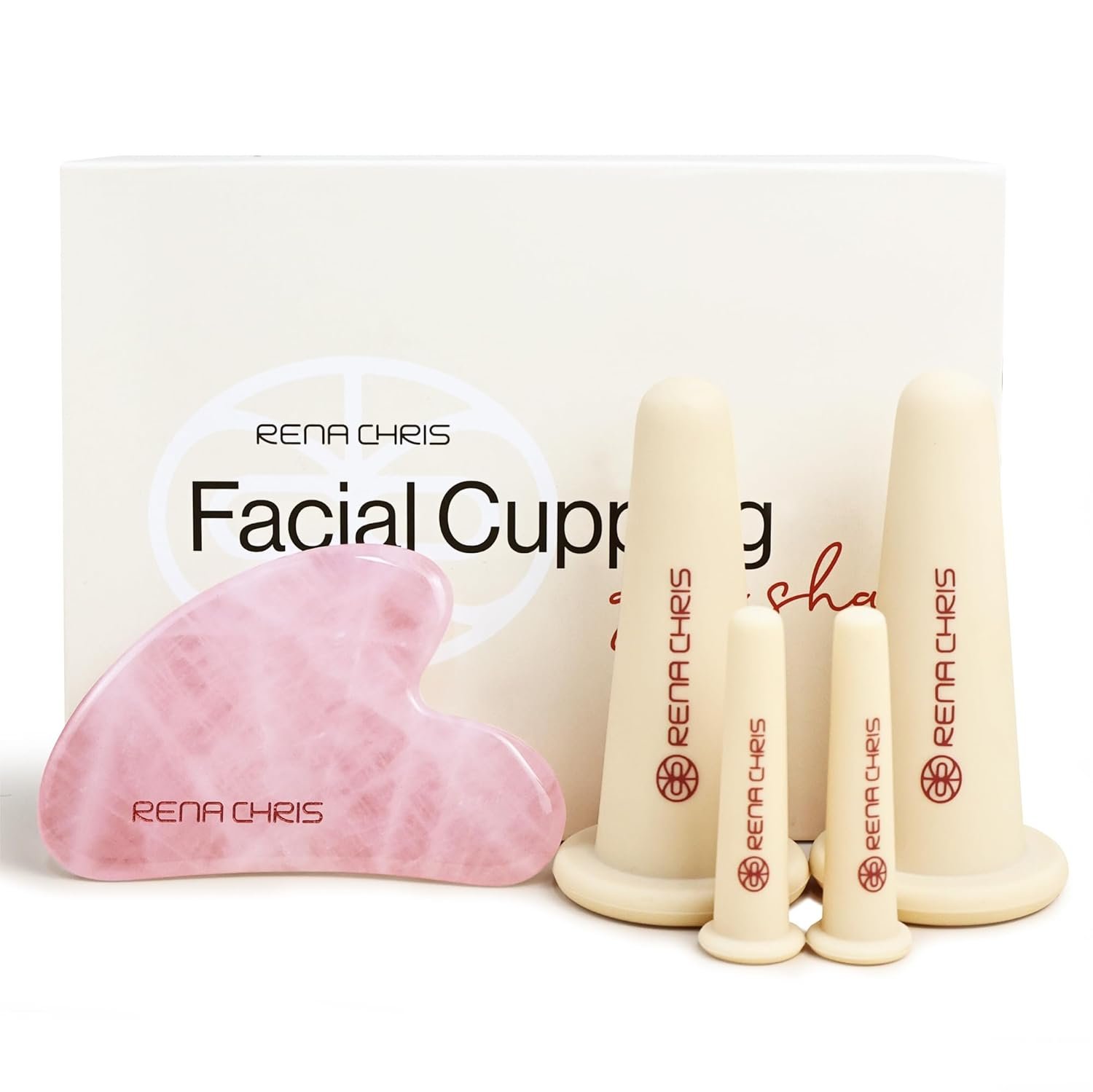 Rena Chris Facial Cupping Set & Gua Sha Facial Tool – Silicone Cupping Set & Rose Quartz Gua Sha Stone – Face Cupping Therapy Sets for Natural Skin Care, Puffiness, Lip Plumping (Pink)
