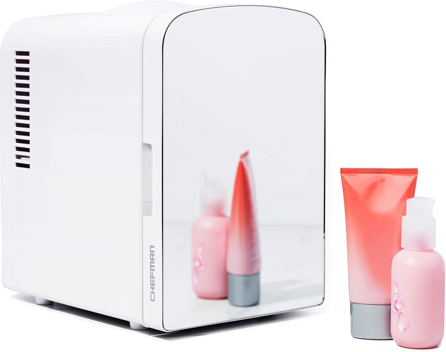 Chefman – Iceman Portable Mirrored Personal Fridge 4L Mini Refrigerator, Skin Care, Makeup Storage, Beauty, Serums & Face Masks, Small For Desktop Or Travel, Cool & Heat, Cosmetic Application, White