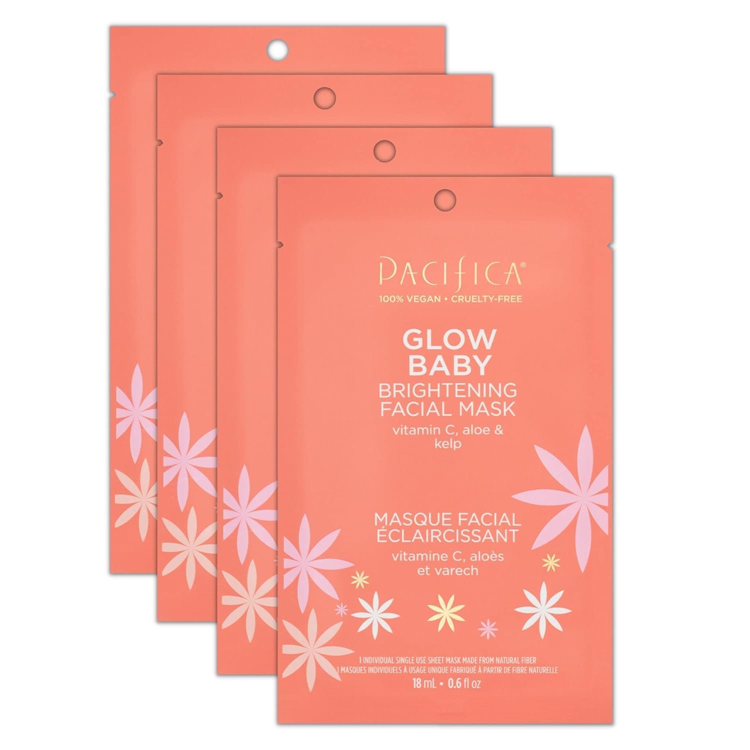 Pacifica Glow Baby Brightening Vitamin C Face Mask 4-Pack – Hydrating Serum-Soaked Sheet Mask for Glowing Skin, Fights Dullness & Dark Spots, Infused with Aloe & Kelp, 100% Vegan & Cruelty-Free​