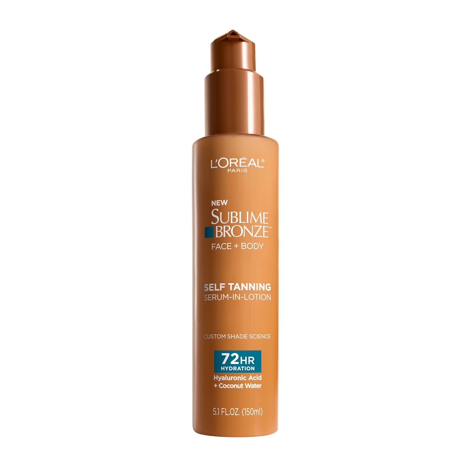 L’Oreal Paris Sublime Bronze Hydrating Self Tanning Serum-In-Lotion, Self Tanner for Face and Body with Coconut Water and Hyaluronic Acid, Provides Natural-Looking Color & 72 HR Hydration, 5 Fl Oz